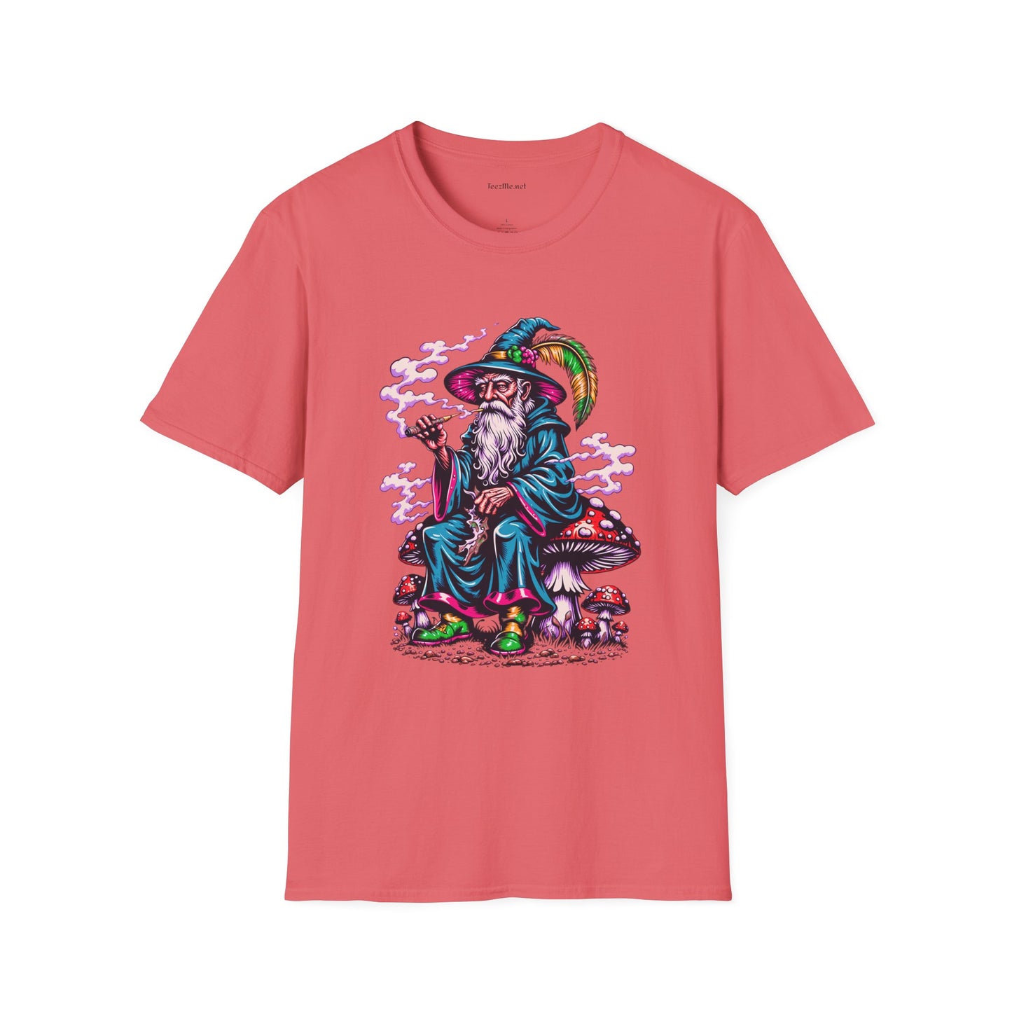 Psychedelic Smoking Wizard on Mushrooms Fantasy Unisex Softstyle T-Shirt 100% Cotton Graphic