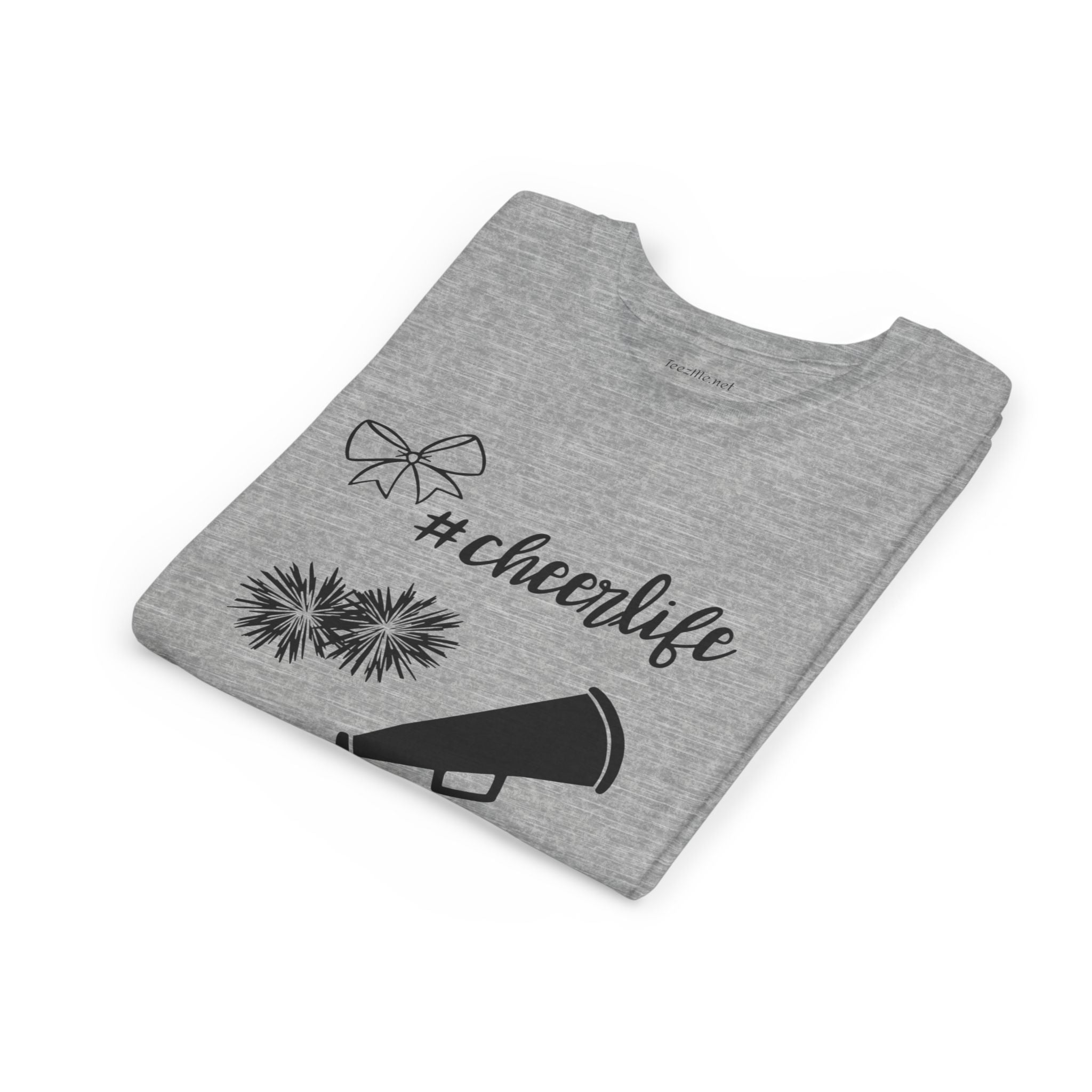 Youth Cheer Tee – "#cheerlife" Megaphone, Pom-Poms & Bow Graphic