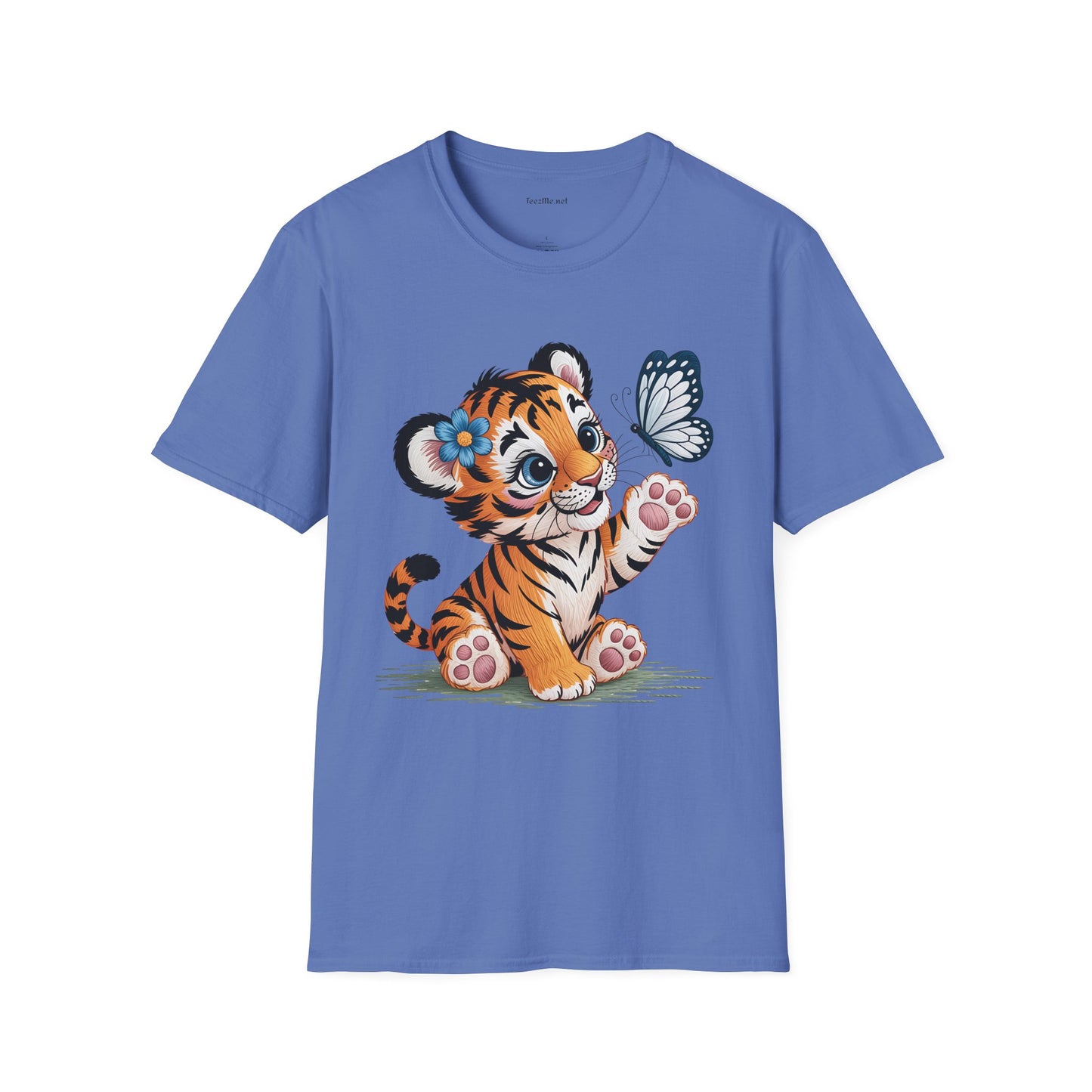 Cute Tiger Cub with Butterfly Unisex Softstyle T-Shirt 100% Cotton Graphic