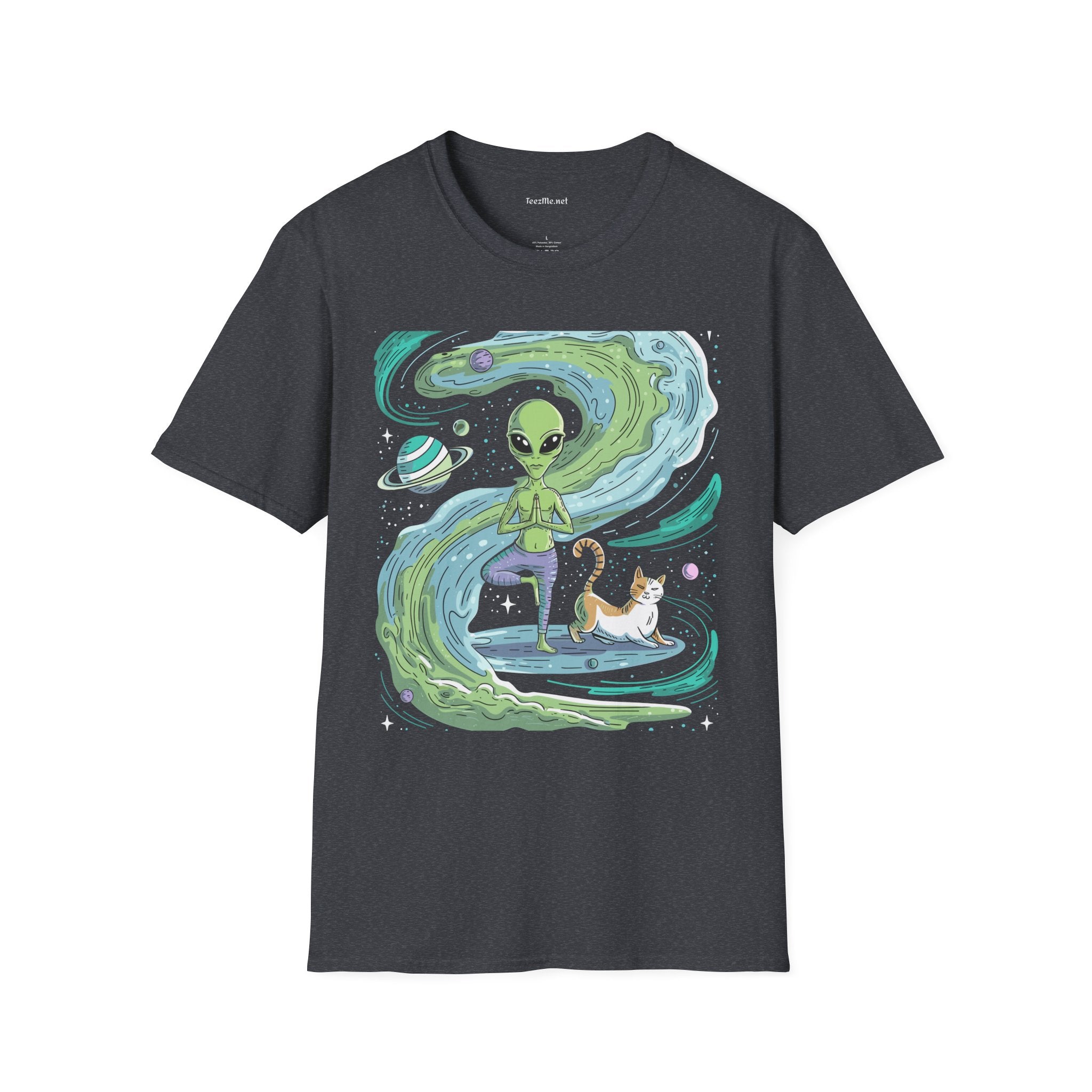 Yoga Alien with Cat Unisex Softstyle T-Shirt 100% Cotton Graphic