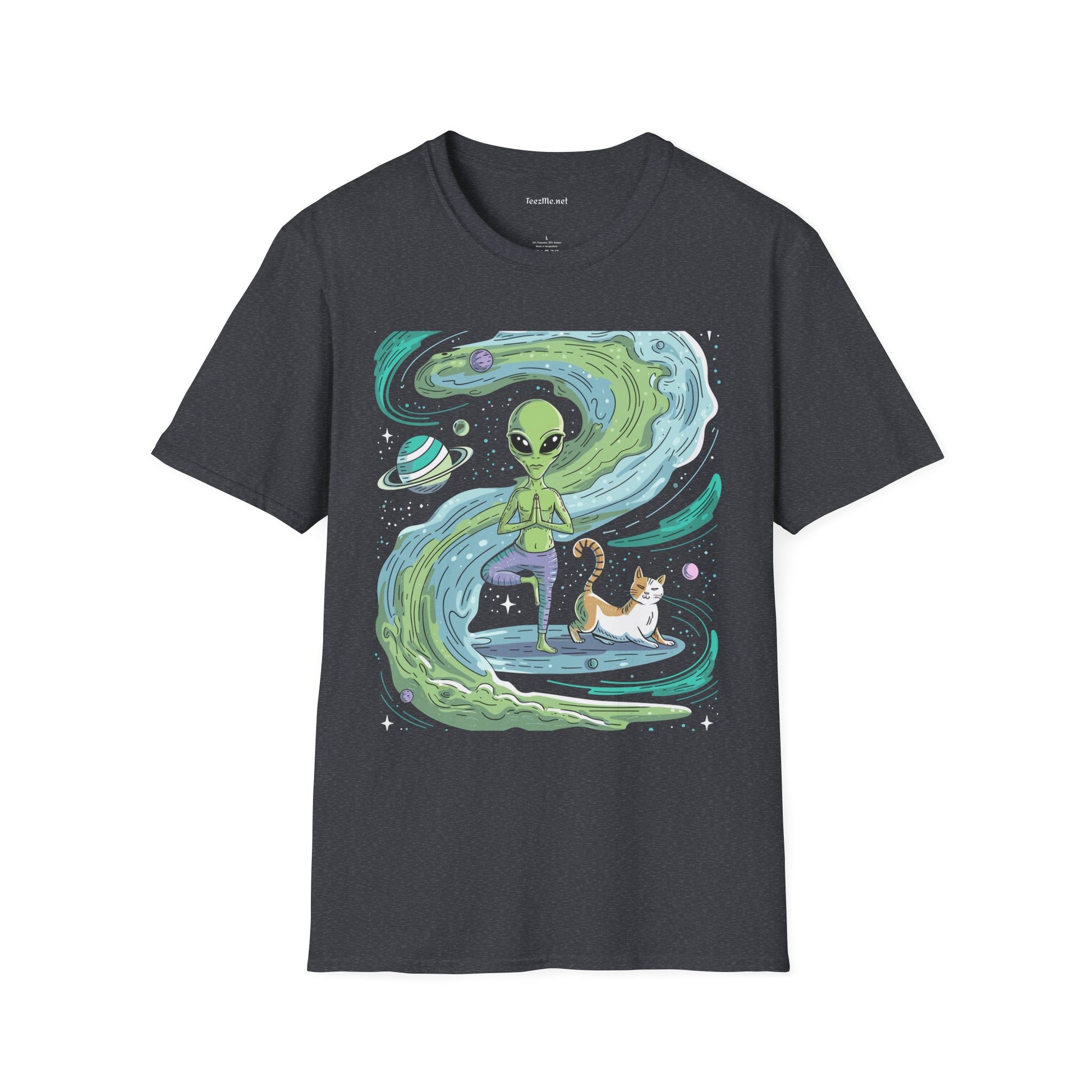 Yoga Alien with Cat Unisex Softstyle T-Shirt 100% Cotton Graphic