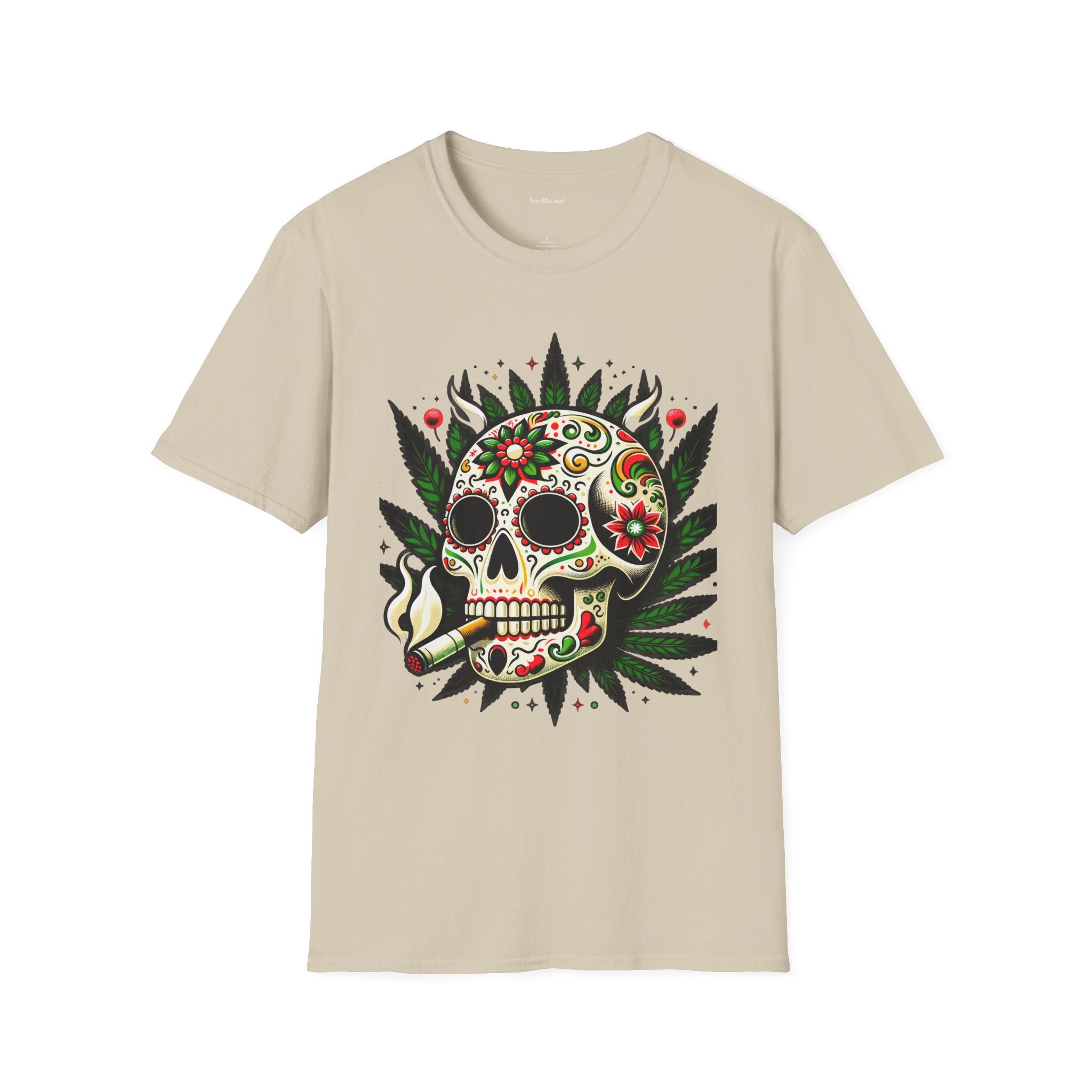 Sugar Skull Smoking Weed Unisex Softstyle T-Shirt 100% Cotton Graphic