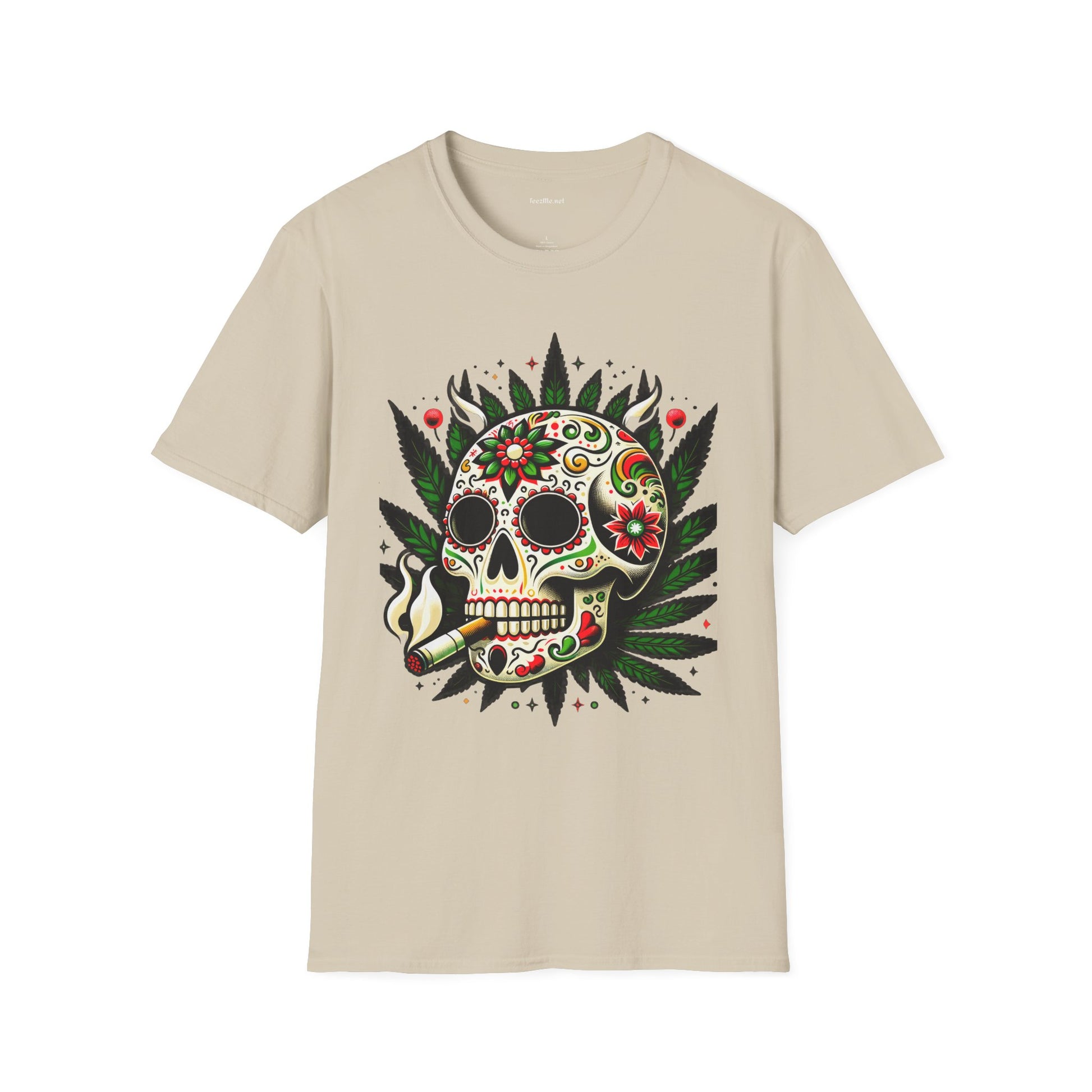 Sugar Skull Smoking Weed Unisex Softstyle T-Shirt 100% Cotton Graphic