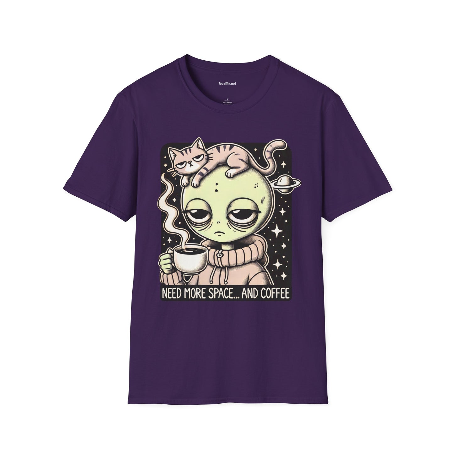 Sleepy Alien with Cat Unisex Softstyle T-Shirt 100% Cotton Graphic