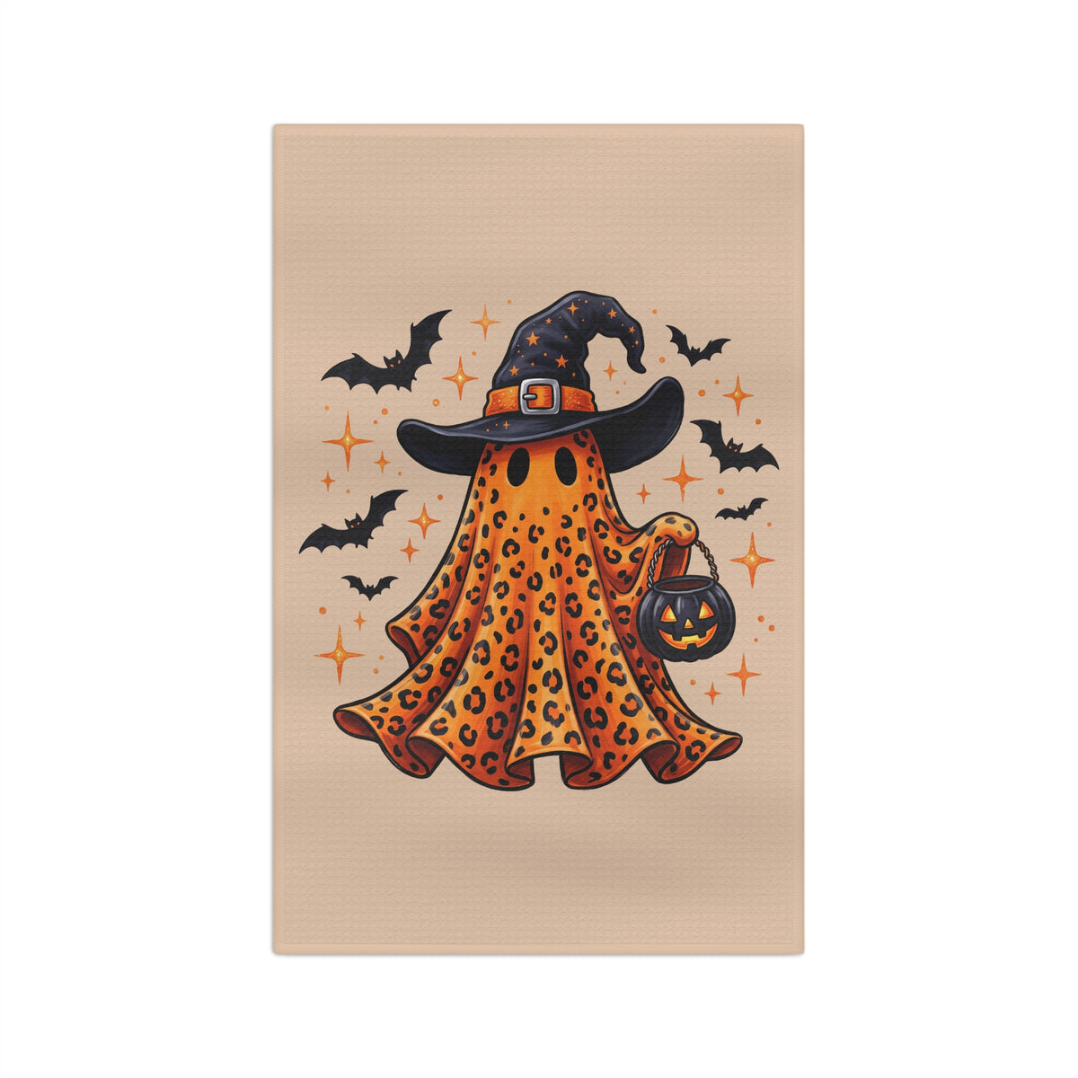 Halloween Leopard Ghost Tea Towel — Cute Witch Hat Pumpkin Trick-or-Treat Kitchen Towel