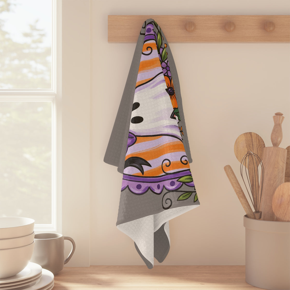 Halloween Ghost & Black Cat Tea Towel — Cute Spooky Gray Kitchen Decor