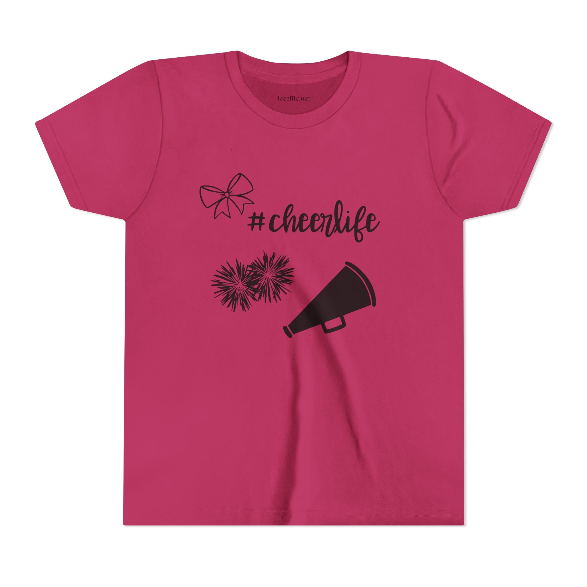 Youth Cheer Tee – "#cheerlife" Megaphone, Pom-Poms & Bow Graphic