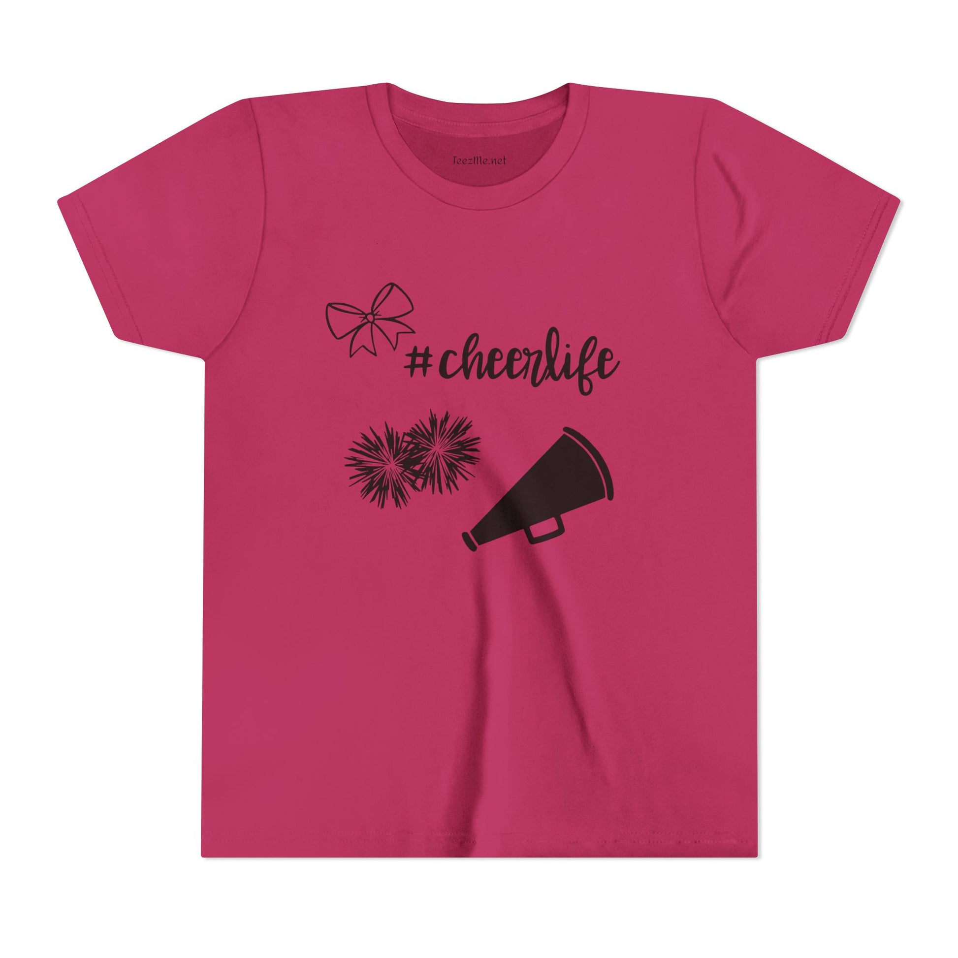 Youth Cheer Tee – "#cheerlife" Megaphone, Pom-Poms & Bow Graphic