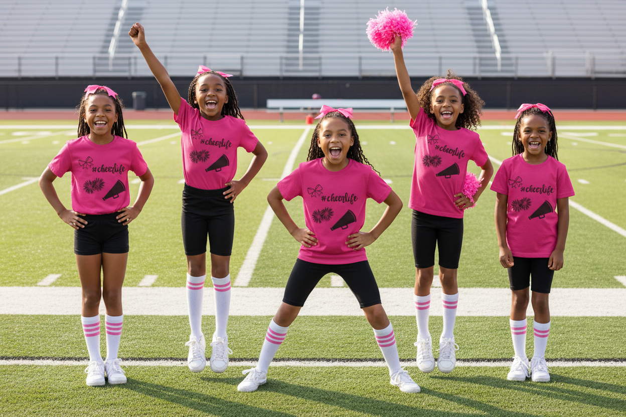 Youth Cheer Tee – "#cheerlife" Megaphone, Pom-Poms & Bow Graphic