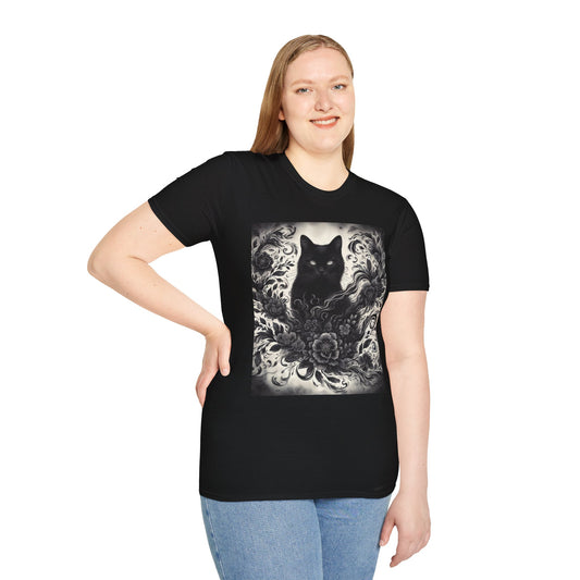 Black Cat Floral -Shirt 100% Cotton Graphic
