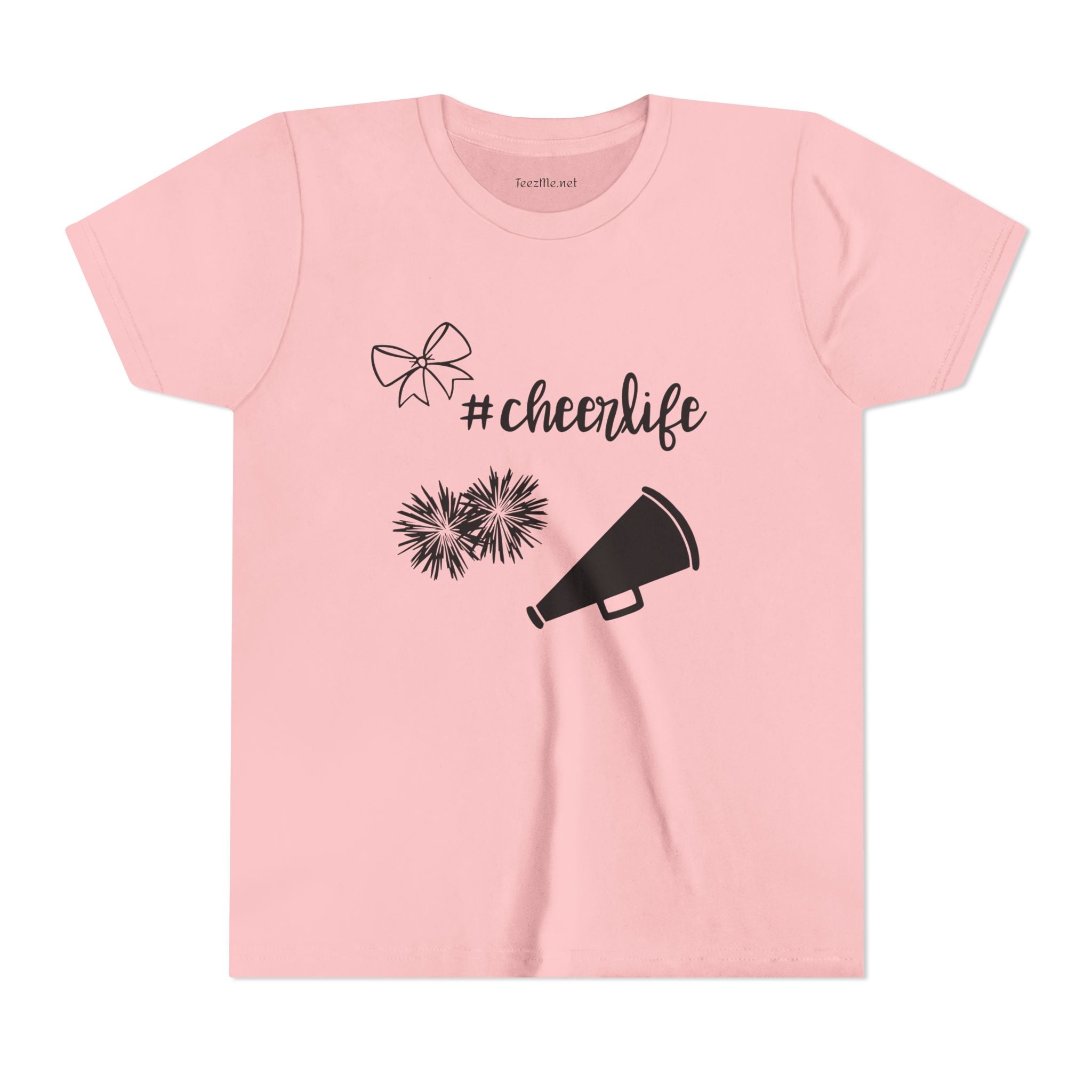 Youth Cheer Tee – "#cheerlife" Megaphone, Pom-Poms & Bow Graphic