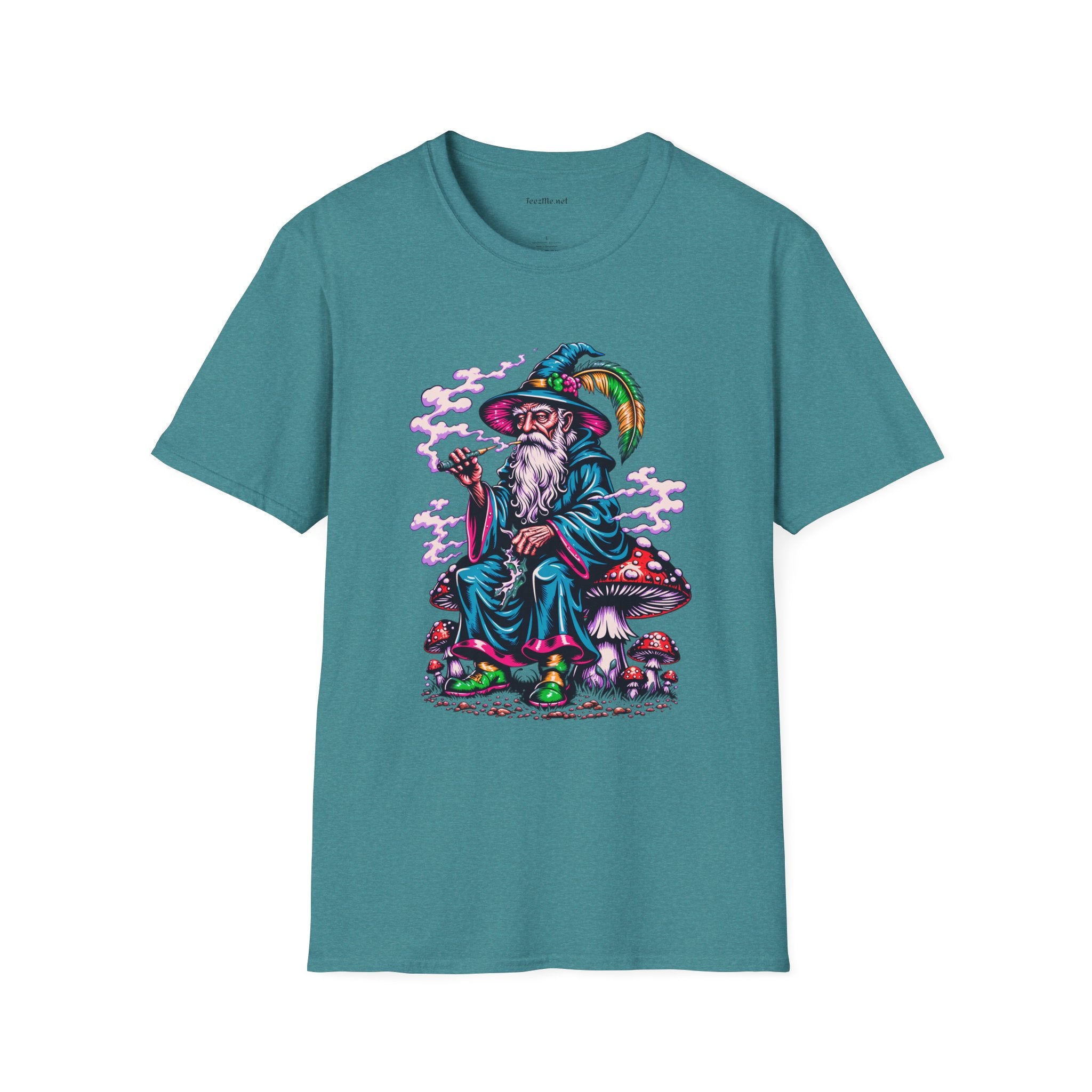 Psychedelic Smoking Wizard on Mushrooms Fantasy Unisex Softstyle T-Shirt 100% Cotton Graphic