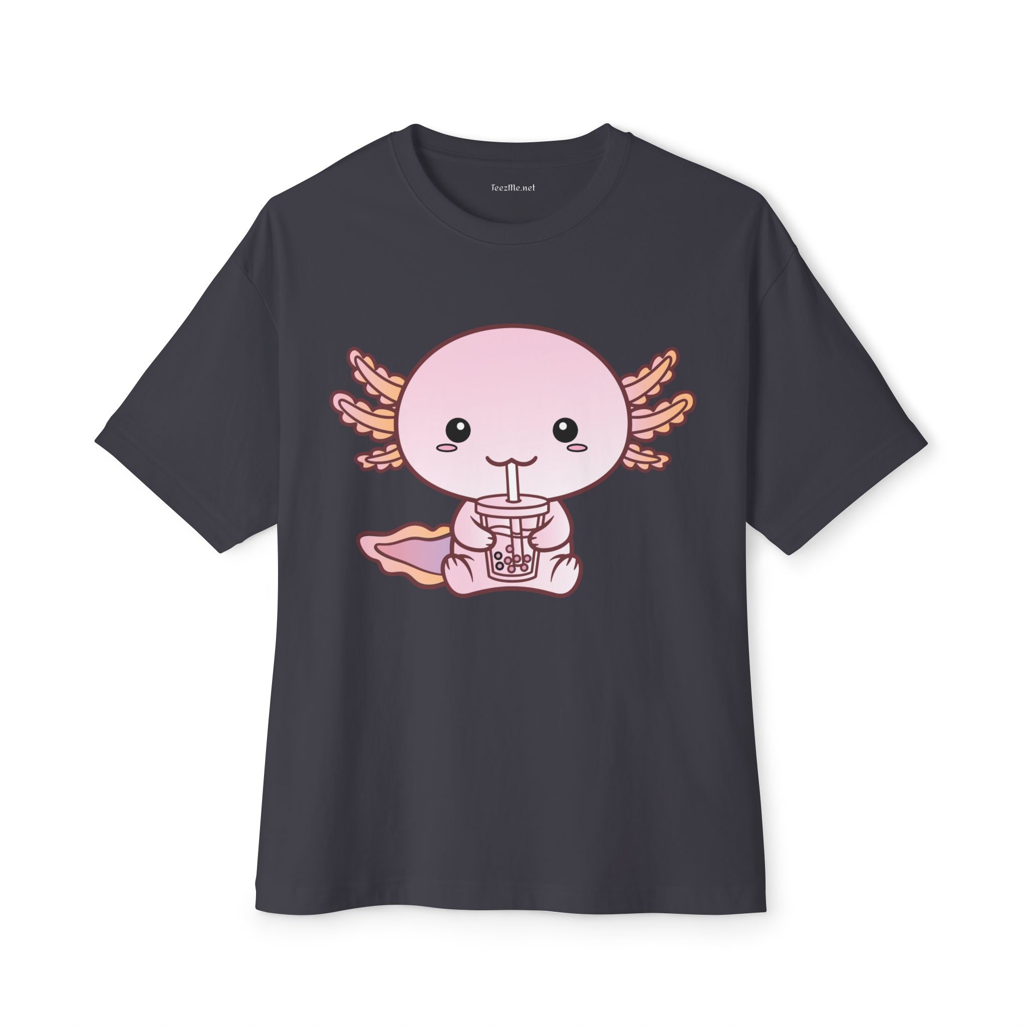 Cute Kawaii Axolotl Drinking Bubble Tea Unisex Oversized Boxy Tee