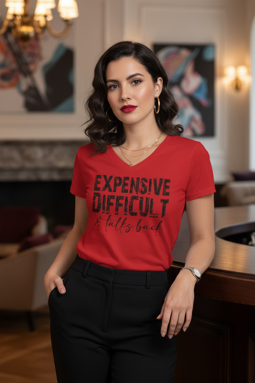 V-Neck Tee — "Expensive, Difficult & Talks Back" Graphic Shirt