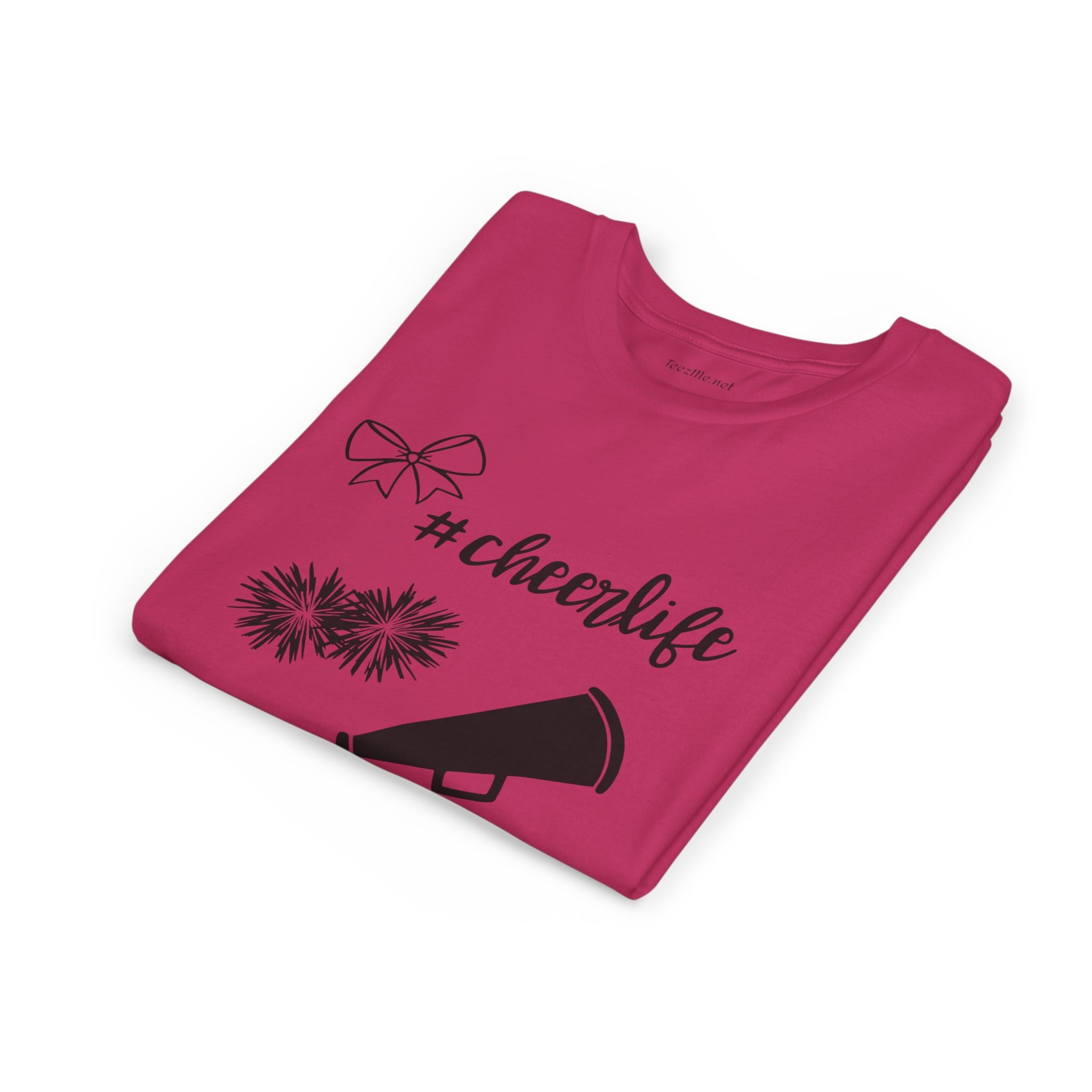 Youth Cheer Tee – "#cheerlife" Megaphone, Pom-Poms & Bow Graphic