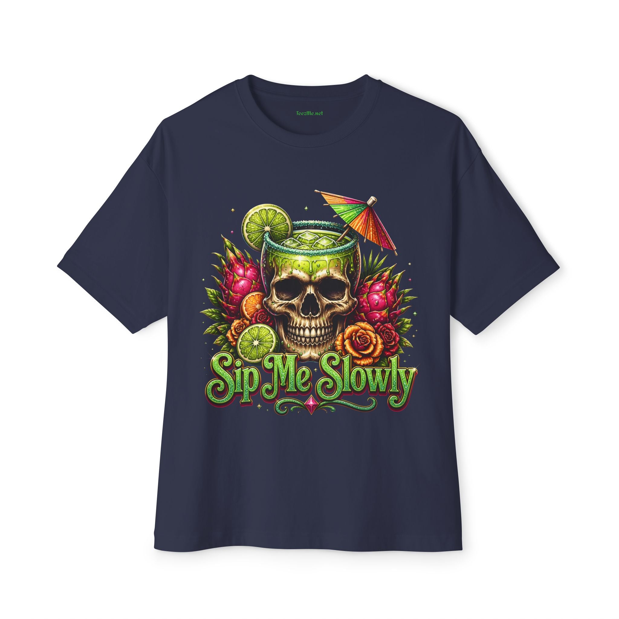 Skull Cocktail Tee — 'Sip Me Slowly' Tropical Skull Graphic T-Shirt