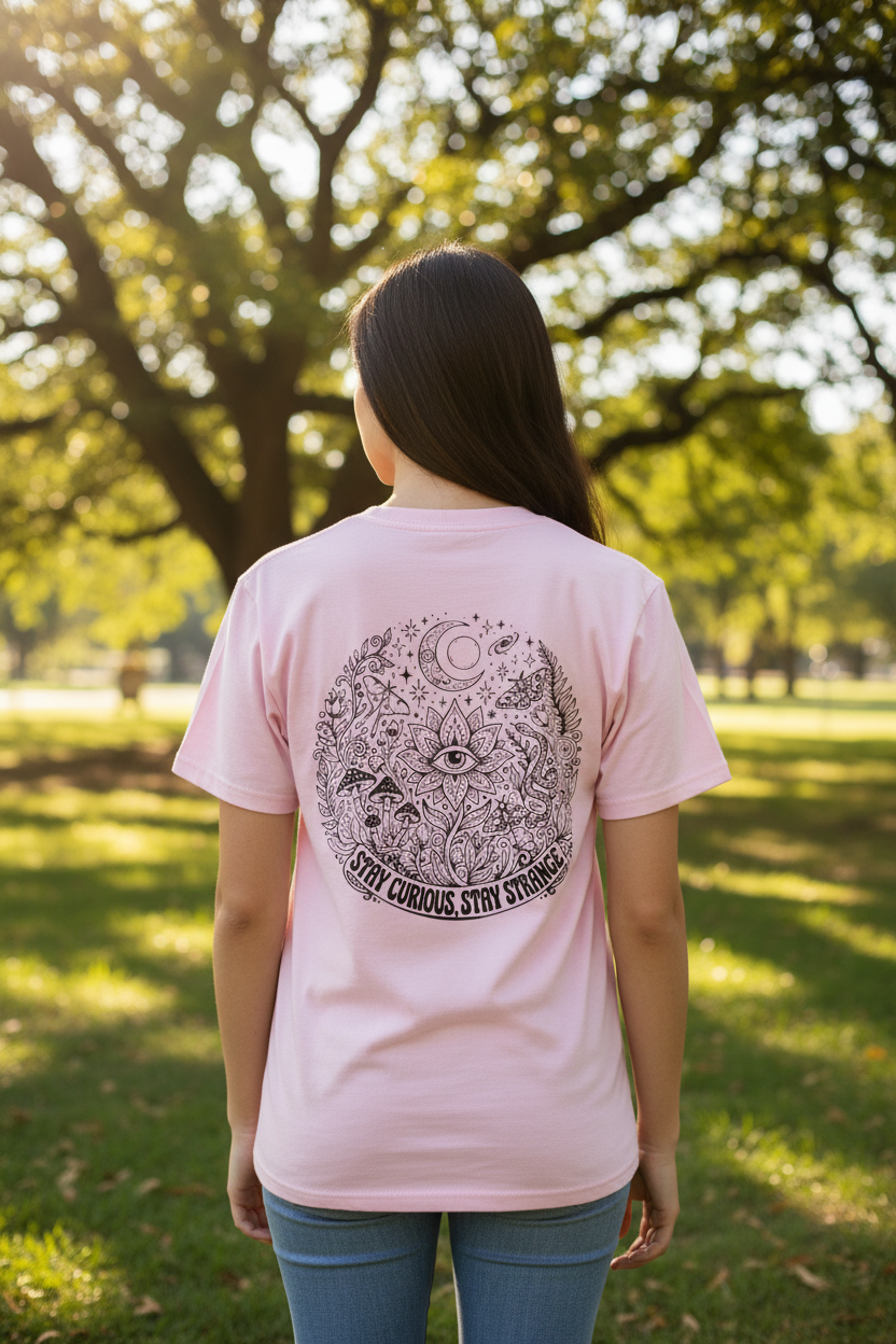 Stay Curious Stay Strange Graphic on back of T-Shirt