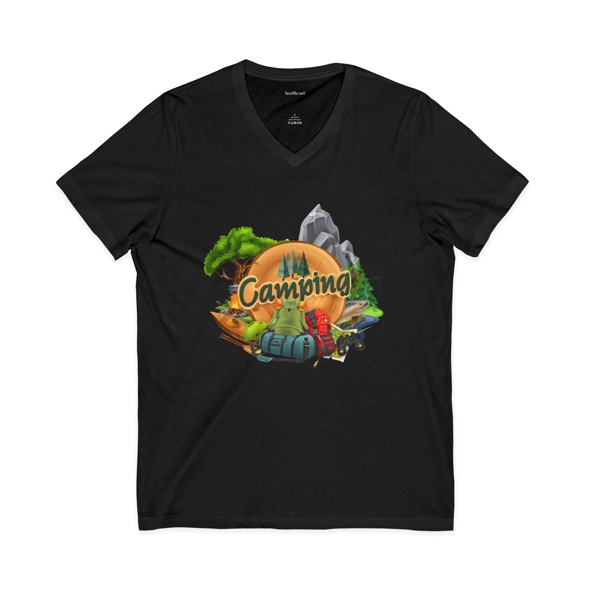 Camping Graphic V-Neck Tee — Outdoor Adventure Tent & Campfire Shirt
