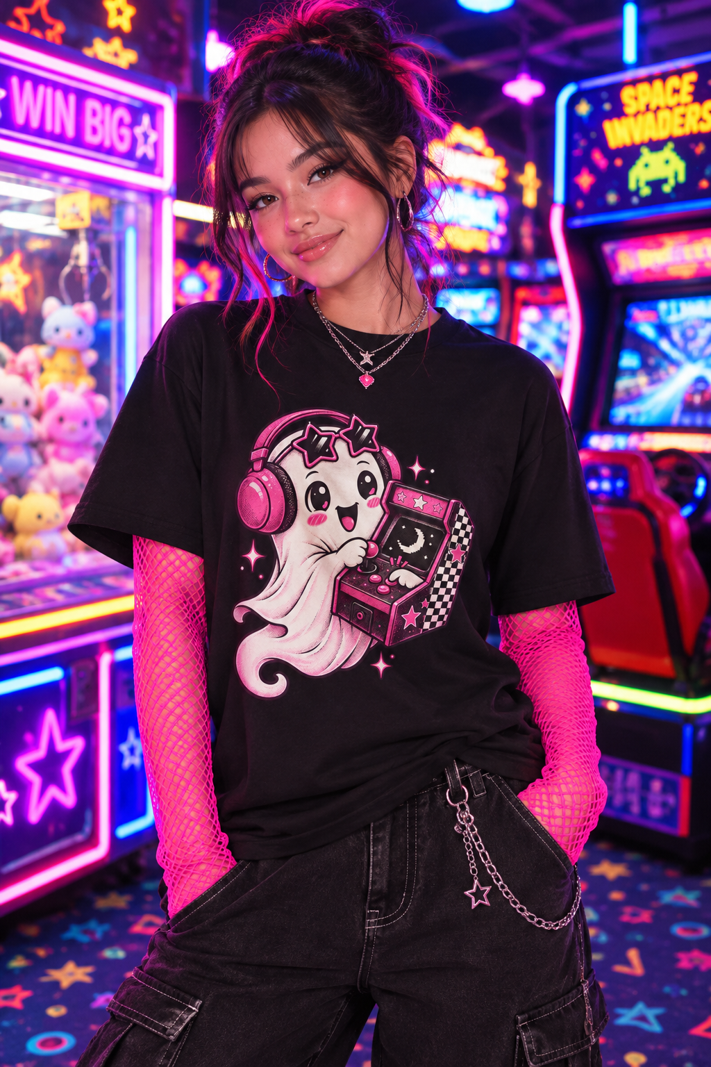 Cute Ghost Arcade Tee — Kawaii Pink Gaming Shirt