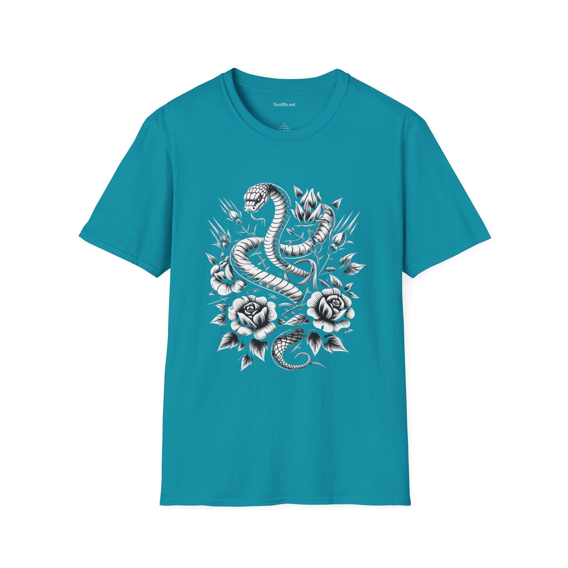 Snake with Flowers Unisex Softstyle T-Shirt 100% Cotton Graphic