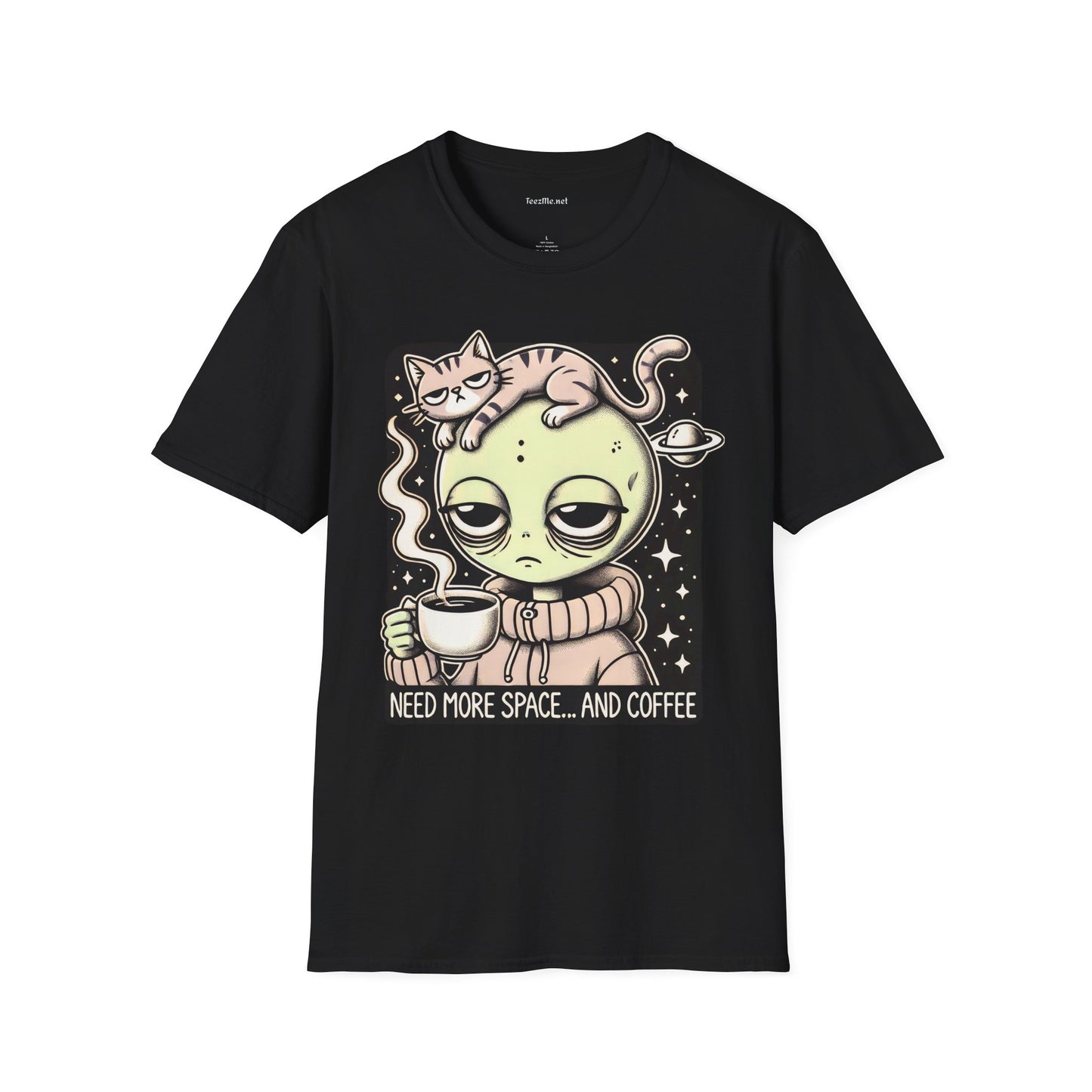 Sleepy Alien with Cat Unisex Softstyle T-Shirt 100% Cotton Graphic
