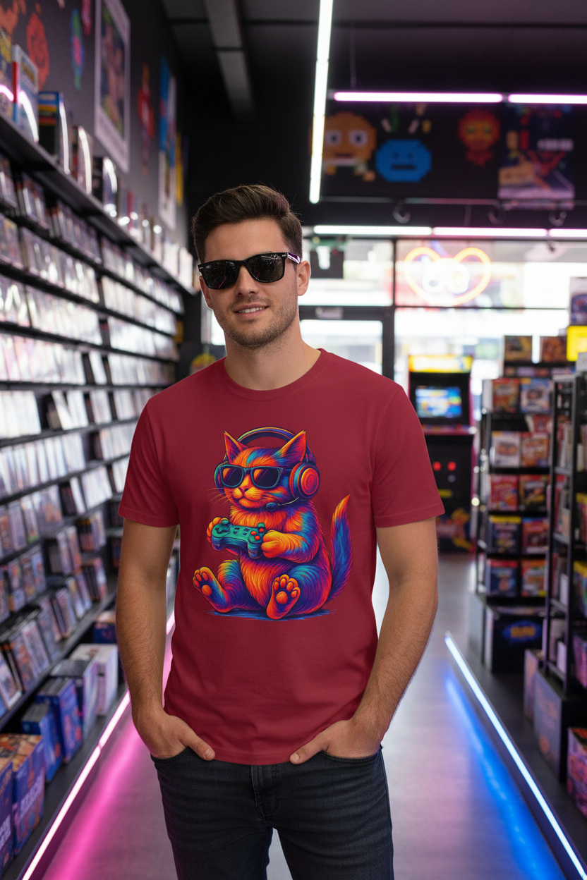 Cat Gamer Video Unisex Softstyle T-Shirt 100% Cotton Graphic