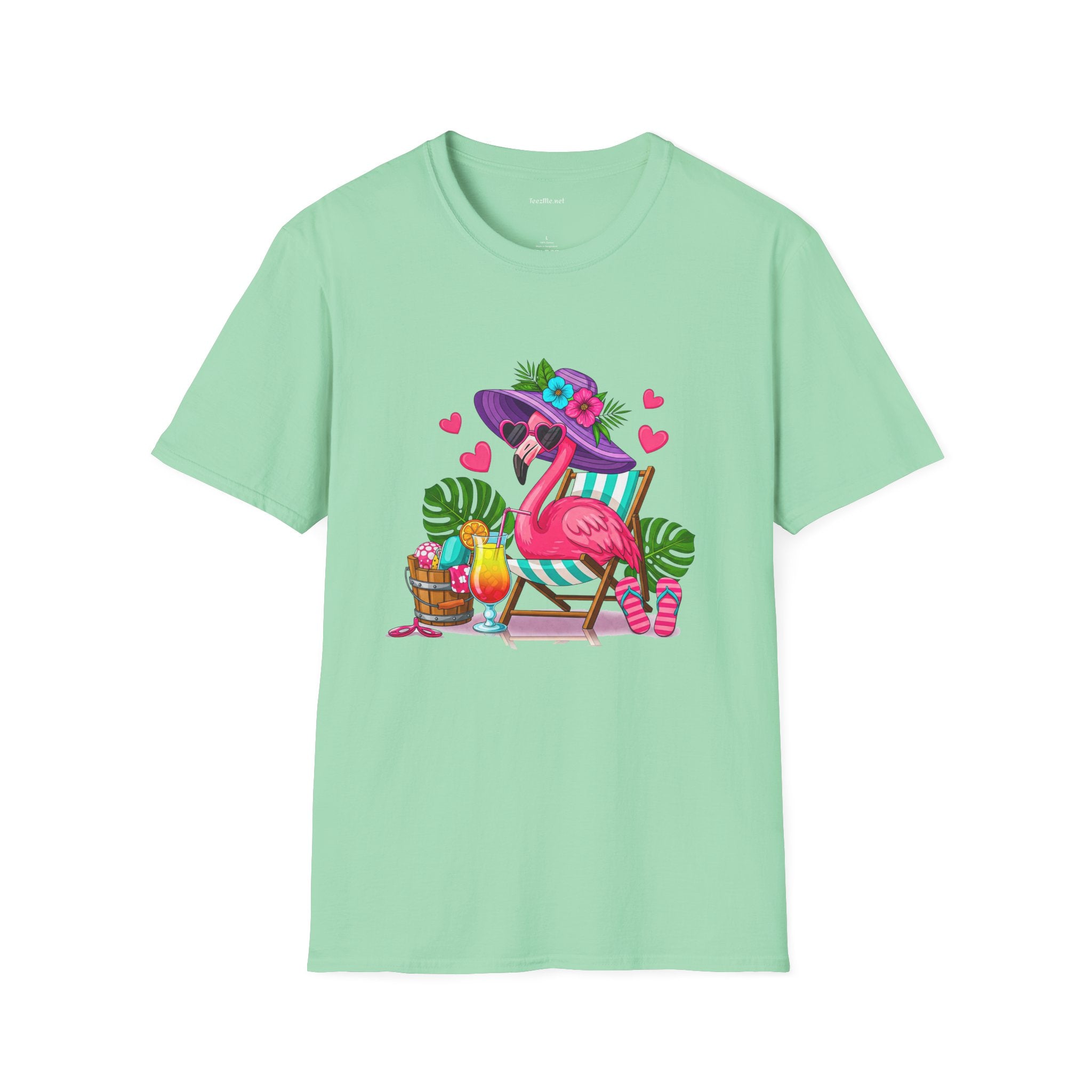 Chic Beach Flamingo Unisex Softstyle T-Shirt 100% Cotton Graphic