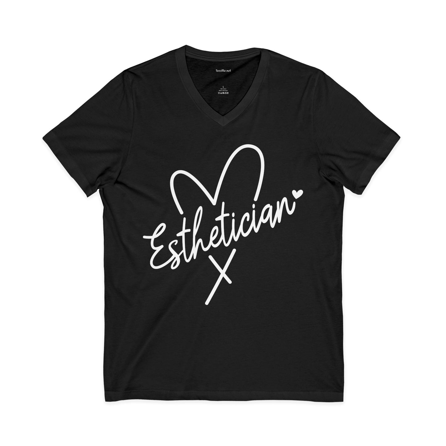 Esthetician with heart (white text) Unisex Jersey Short Sleeve V-Neck Tee