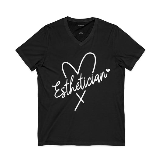 Esthetician with heart (white text) Unisex Jersey Short Sleeve V-Neck Tee