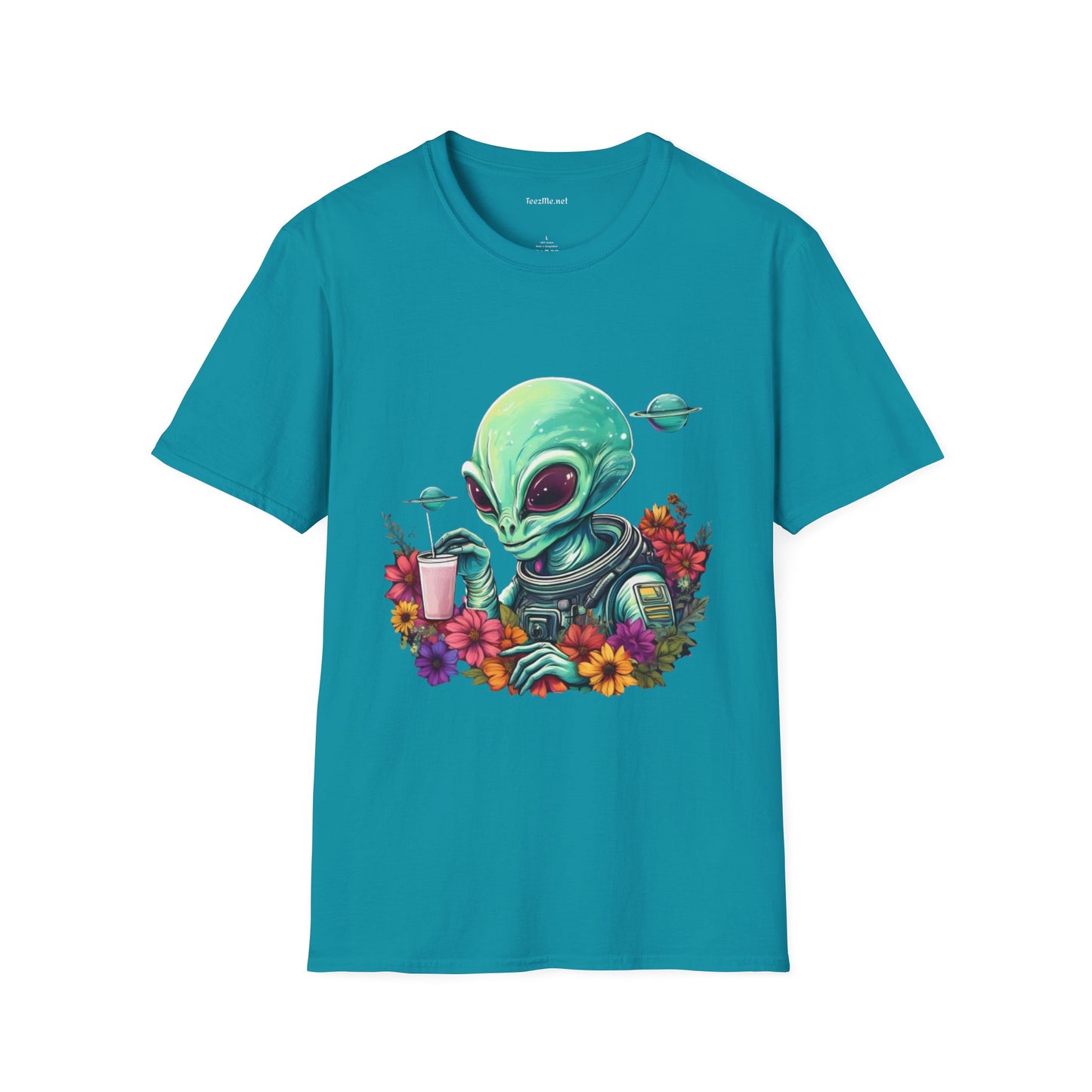 Alien Drinking in Space Unisex Softstyle T-Shirt 100% Cotton Graphic