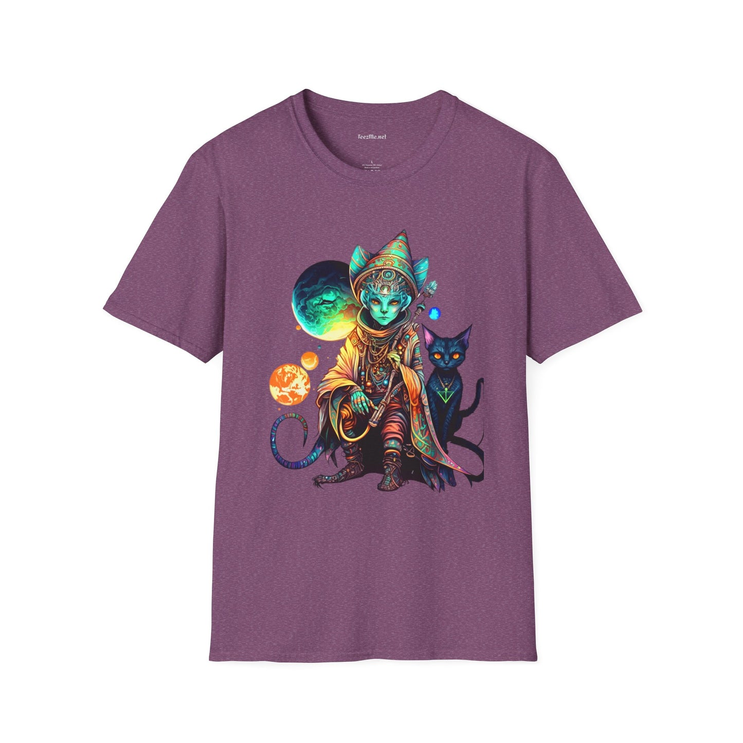 Alien Wizard with Cat Unisex Softstyle T-Shirt 100% Cotton Graphic