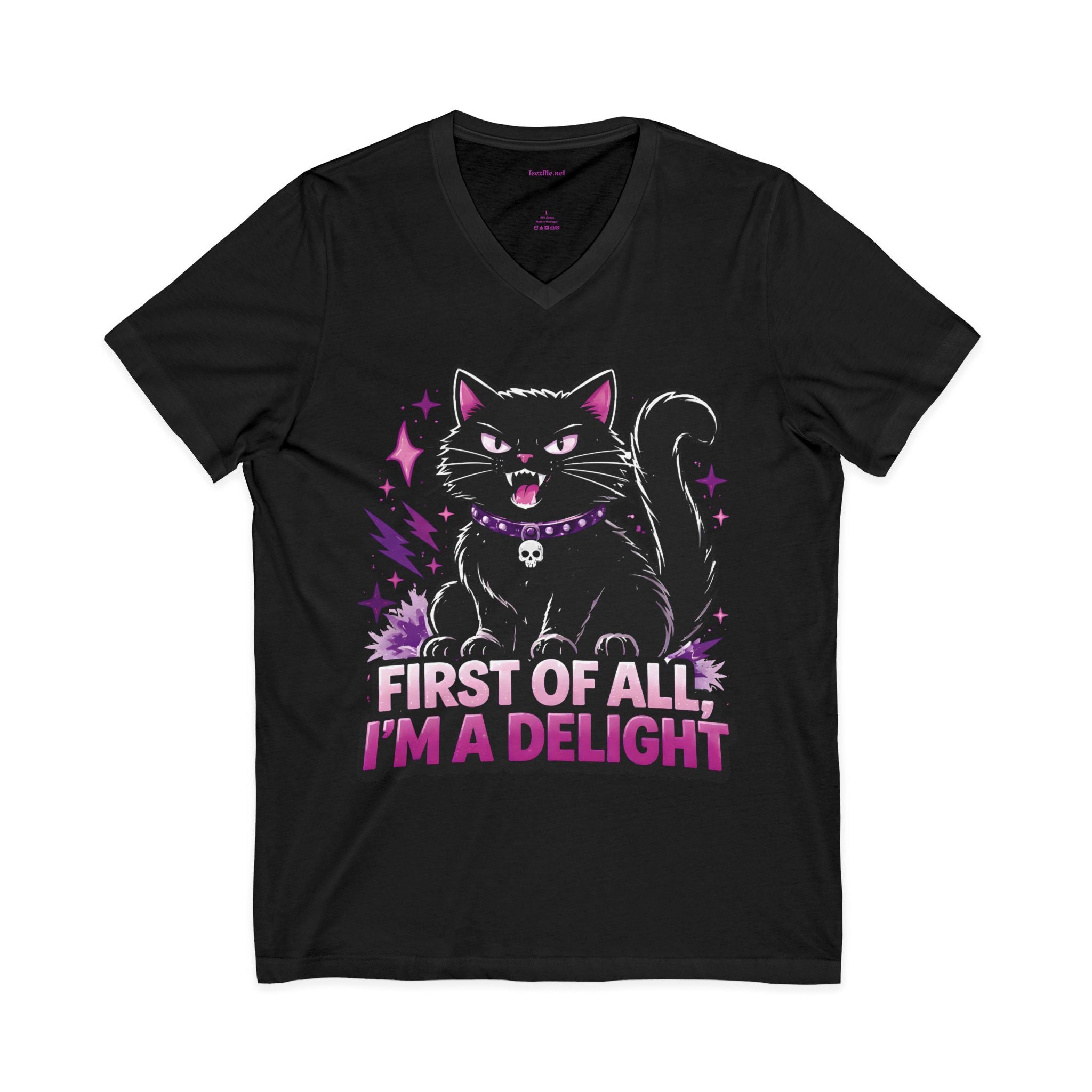 Cat Tee — "First of All I'm a Delight" V‑Neck