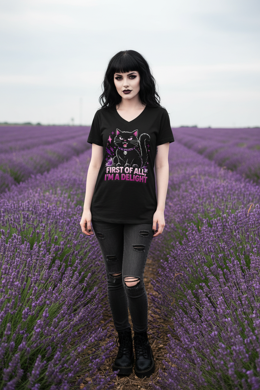 Cat Tee — "First of All I'm a Delight" V‑Neck