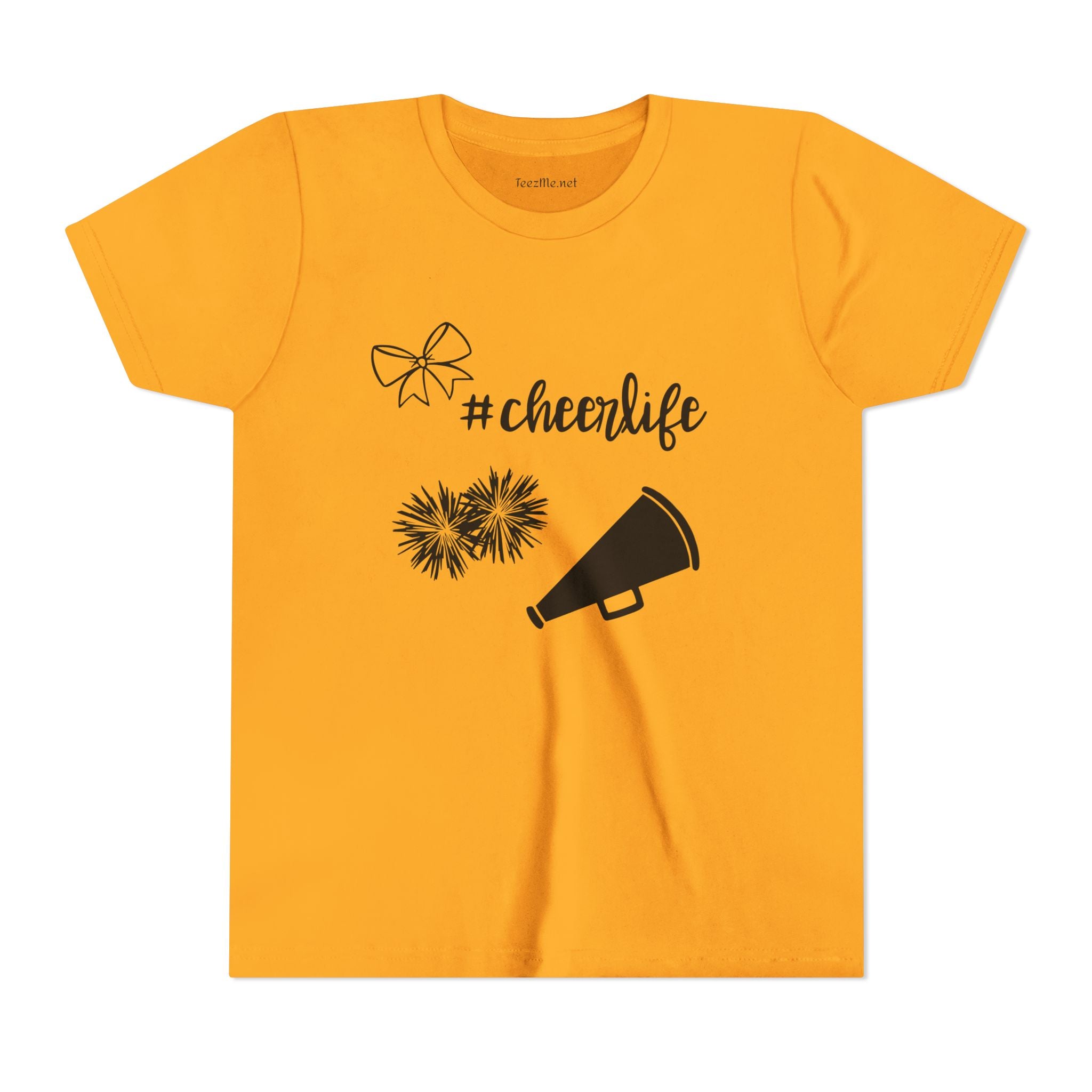 Youth Cheer Tee – "#cheerlife" Megaphone, Pom-Poms & Bow Graphic