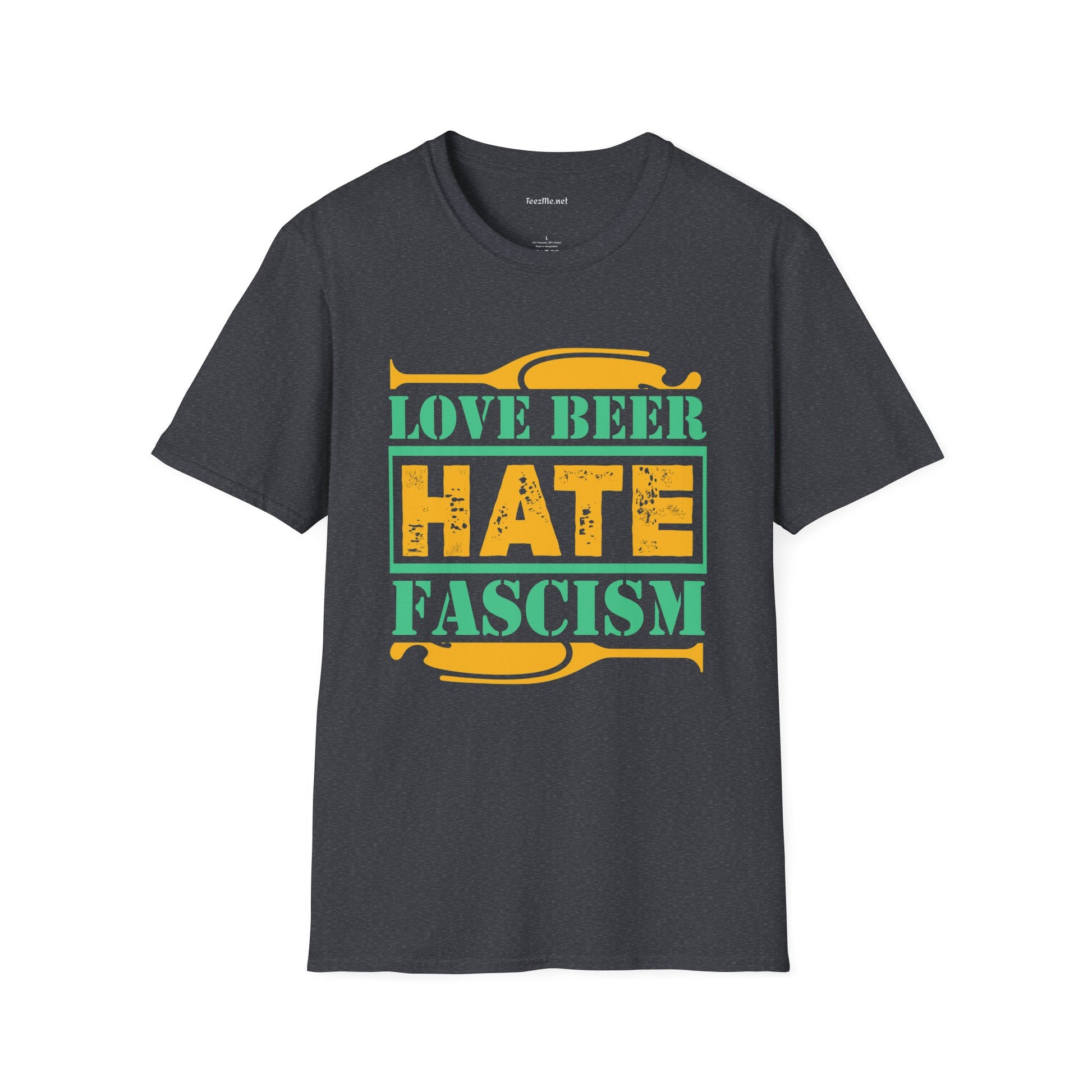 Love Beer Hate Fascism Unisex Soft Style T-Shirt 100% Cotton Graphic