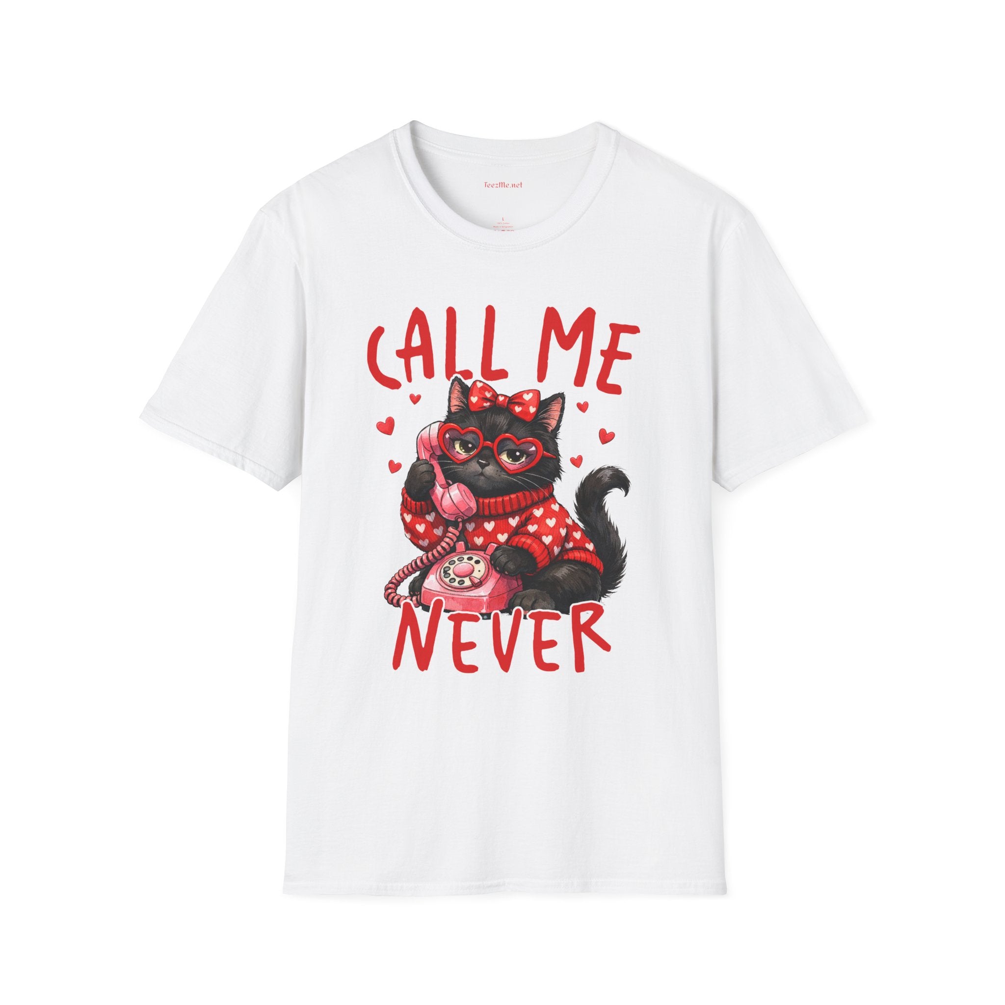 T-Shirt — "Call Me Never" Cute Black Cat Valentine Graphic Tee
