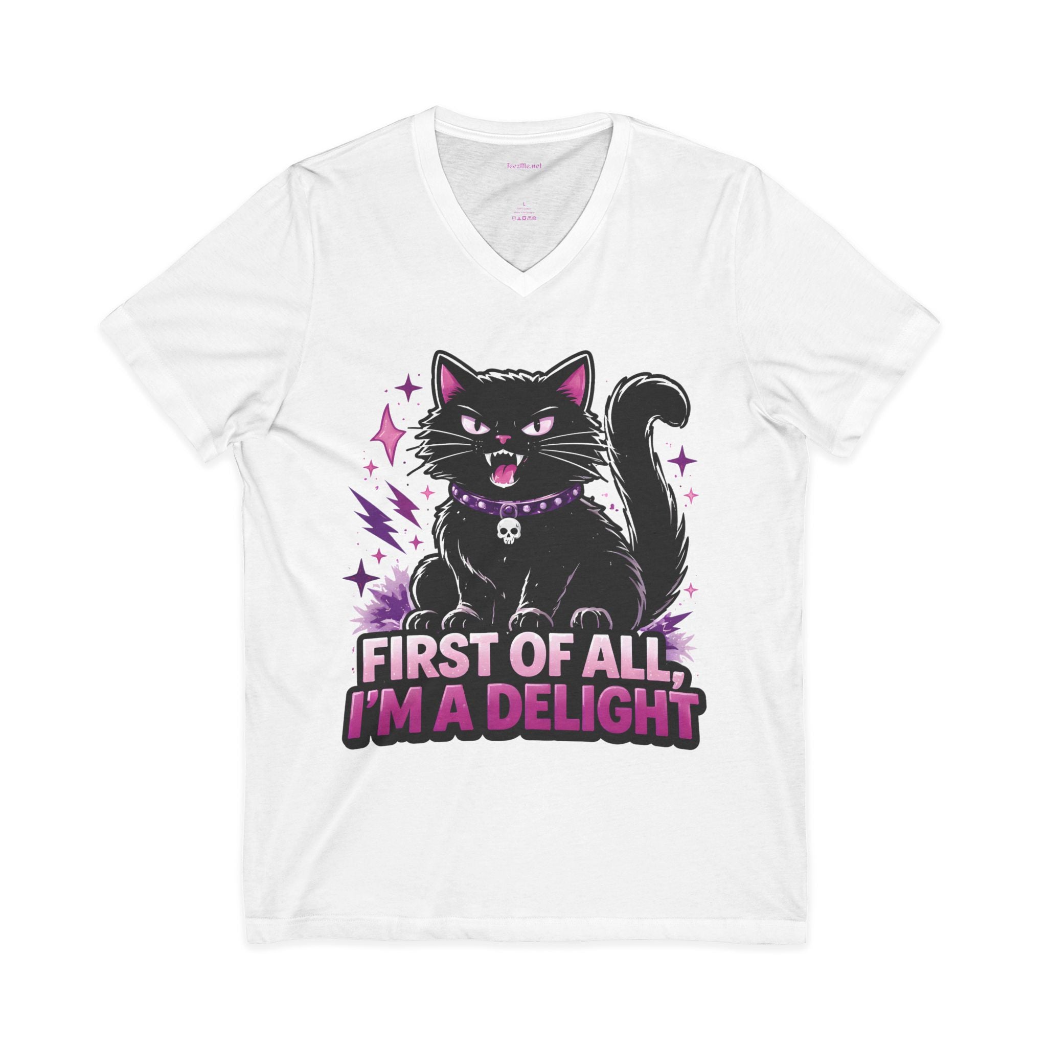 Cat Tee — "First of All I'm a Delight" V‑Neck