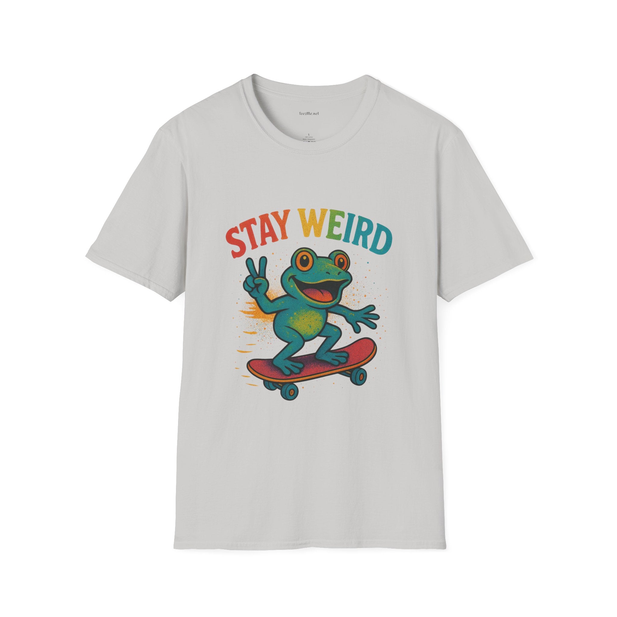 Stay Weird Frog T-Shirt — Retro Rainbow Skateboarding Frog Graphic Tee