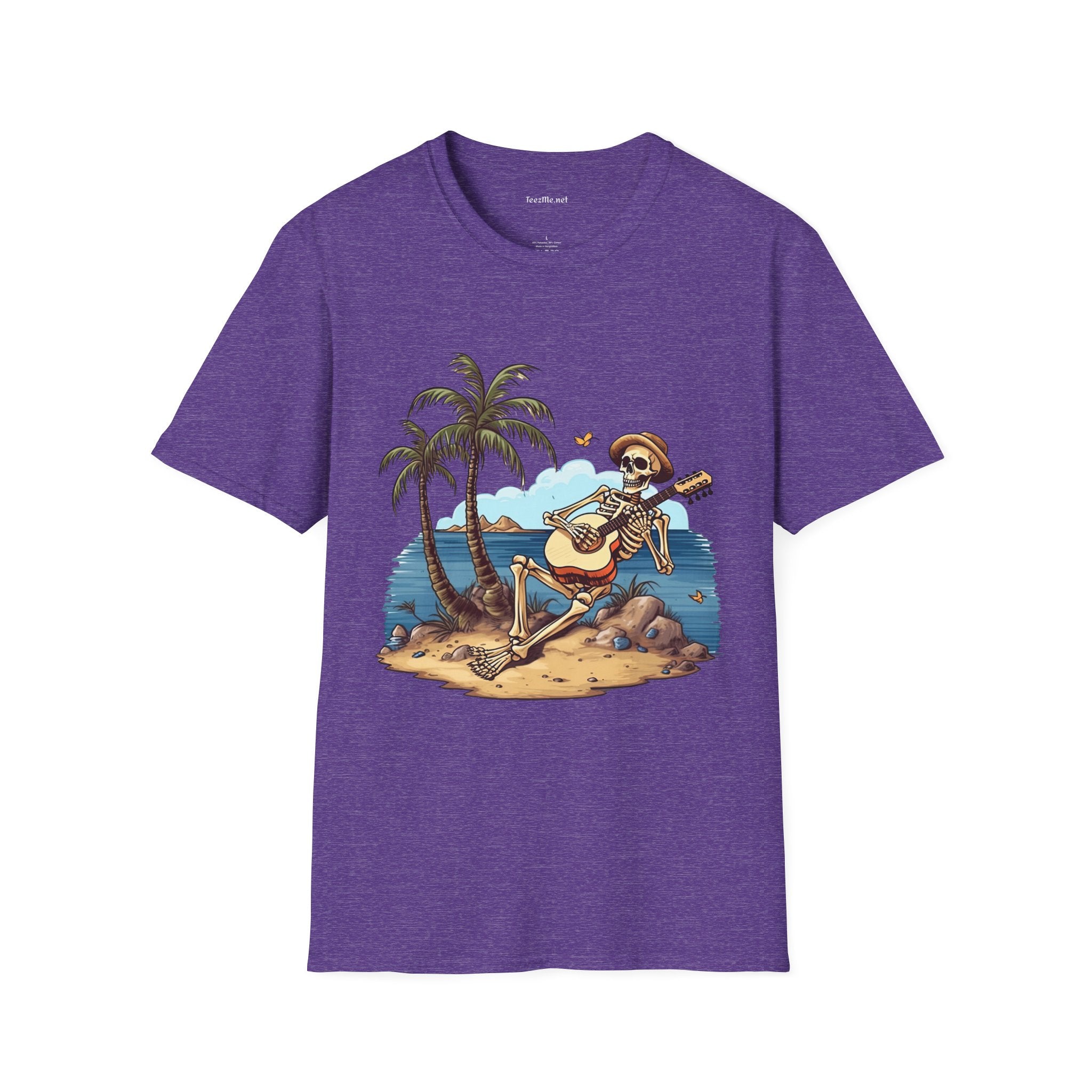 Skeleton with Guitar under palm tree - Unisex Softstyle T-Shirt 100% Cotton Graphic