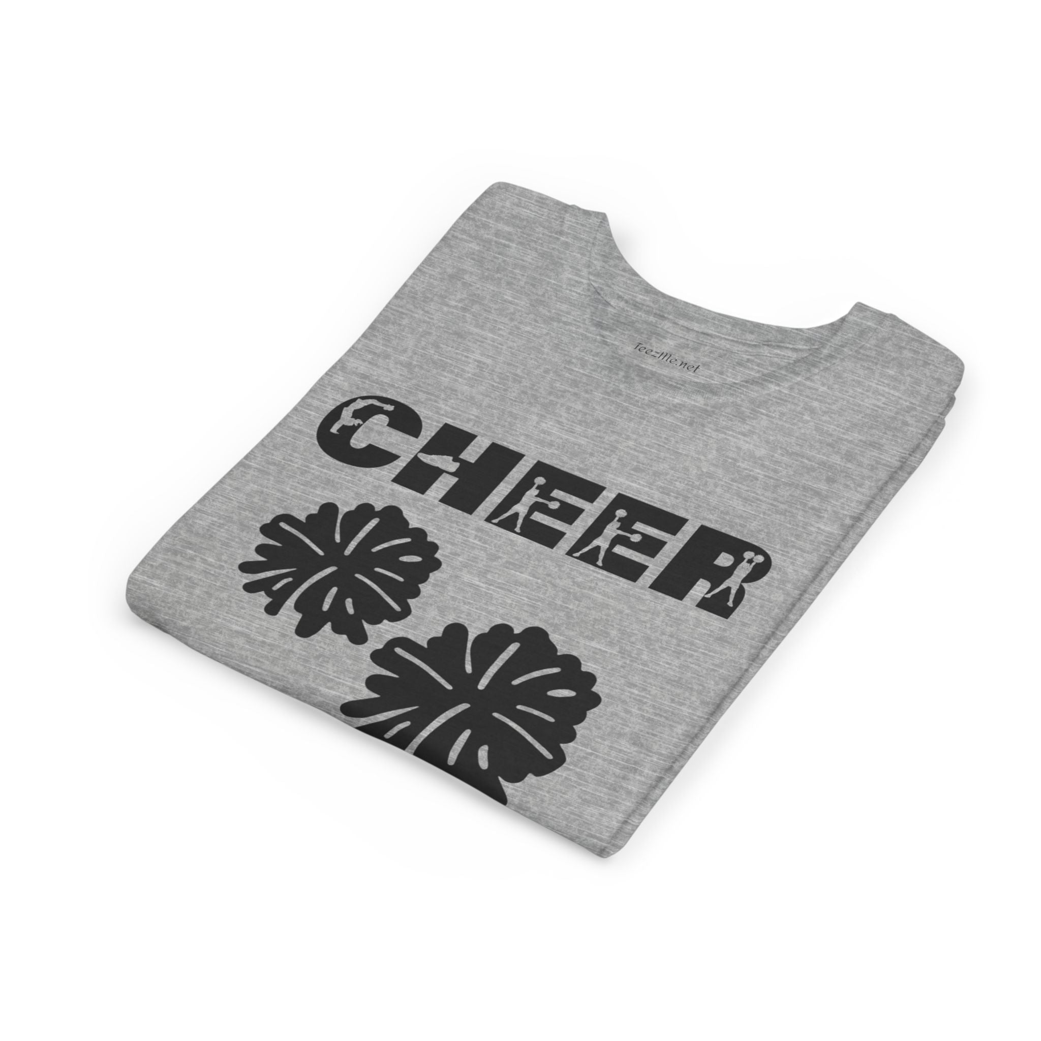 Youth Cheer T‑Shirt – 'CHEER' Graphic with Pom Poms | Kid Cheerleader Tee for Practice & Games