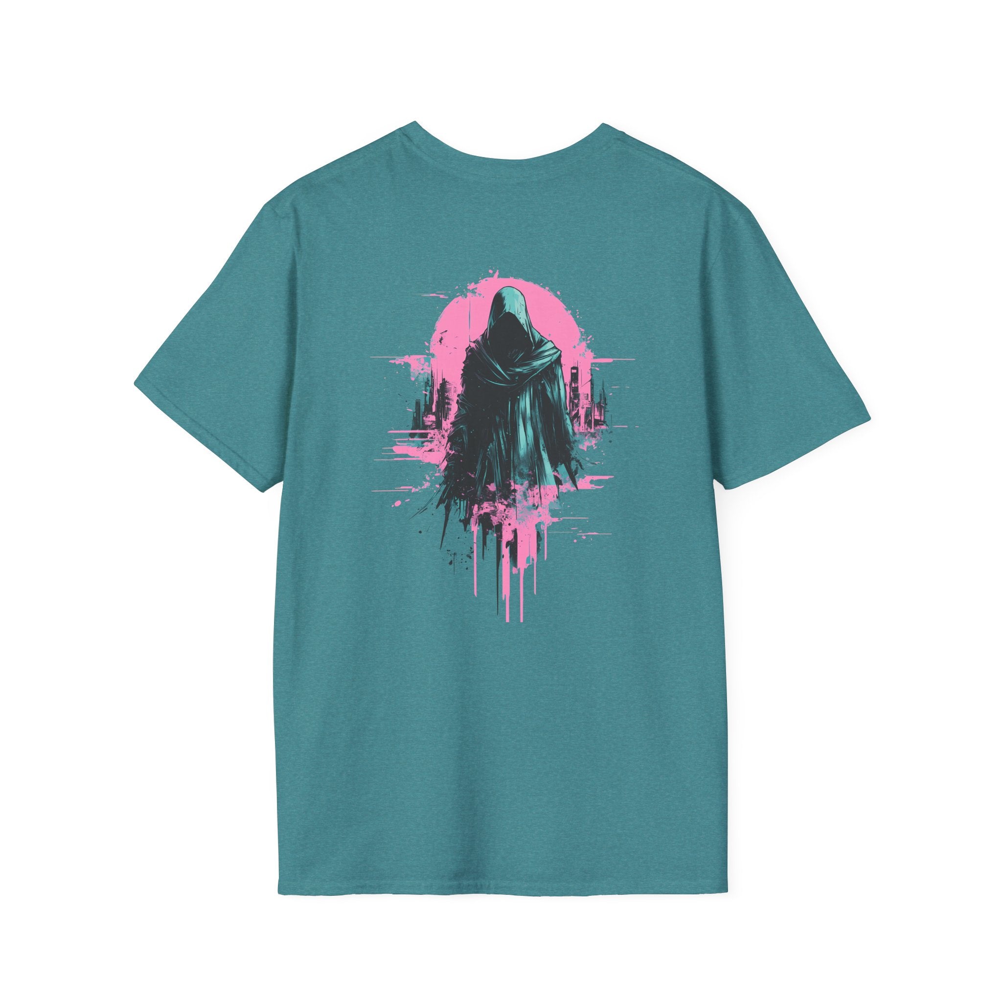 Reaper City Scape on back of Unisex Softstyle Graphic T-Shirt