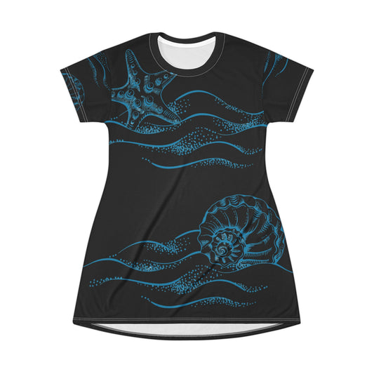 Beach Shells Dress/Cover-up (Black) - T-Shirt Dress (AOP)