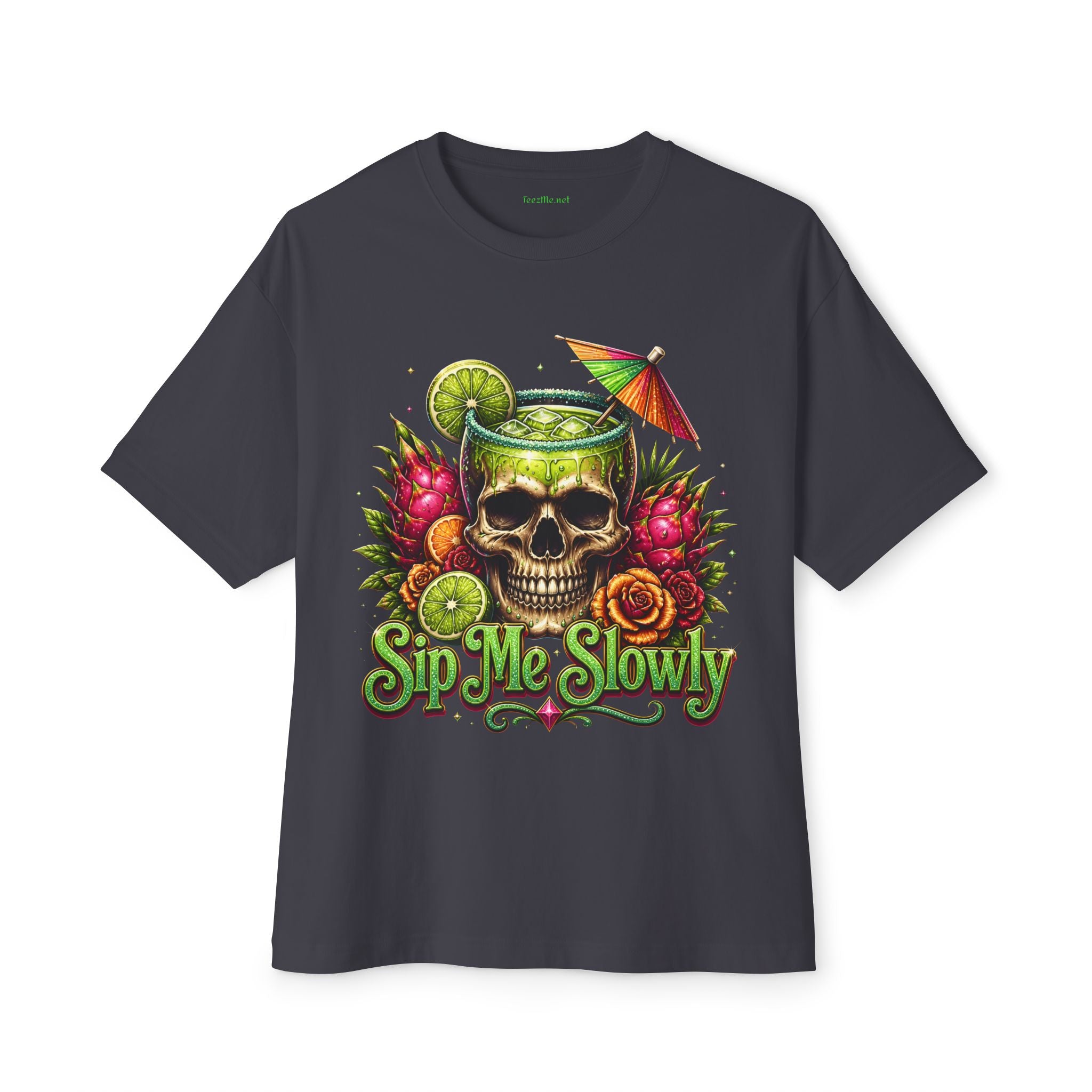 Skull Cocktail Tee — 'Sip Me Slowly' Tropical Skull Graphic T-Shirt