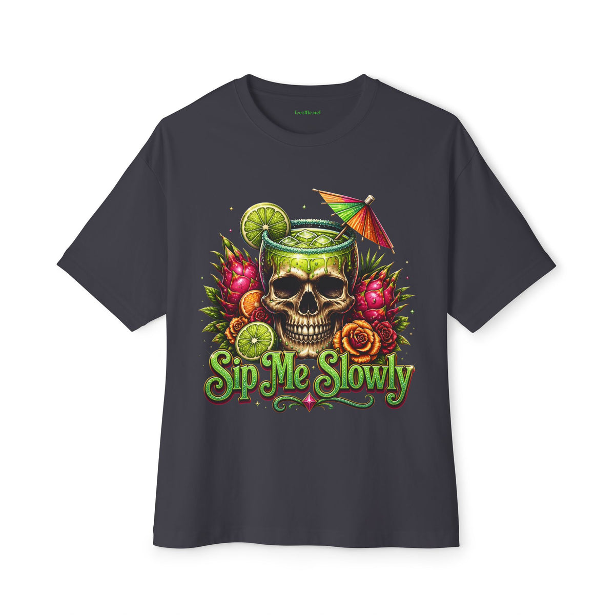Skull Cocktail Tee — 'Sip Me Slowly' Tropical Skull Graphic T-Shirt