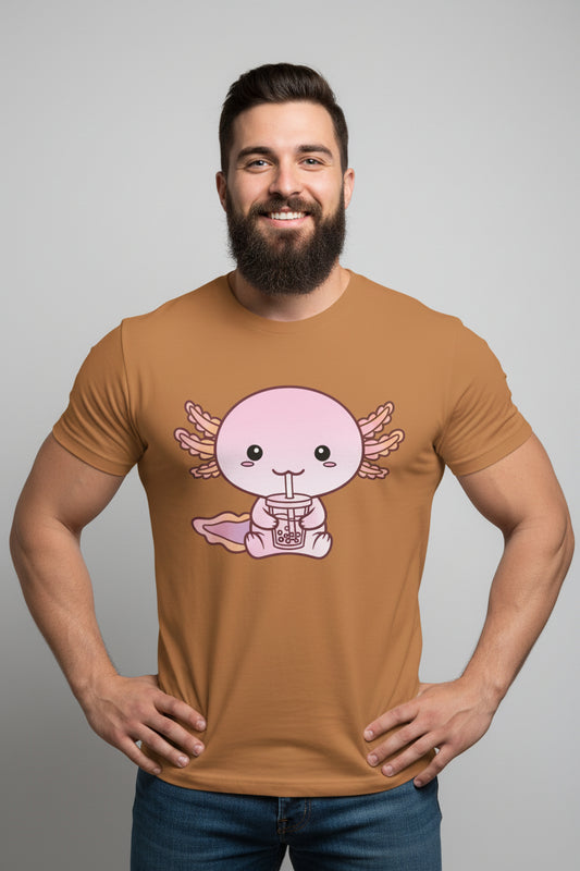 Cute Kawaii Axolotl Drinking Bubble Tea Unisex Oversized Boxy Tee