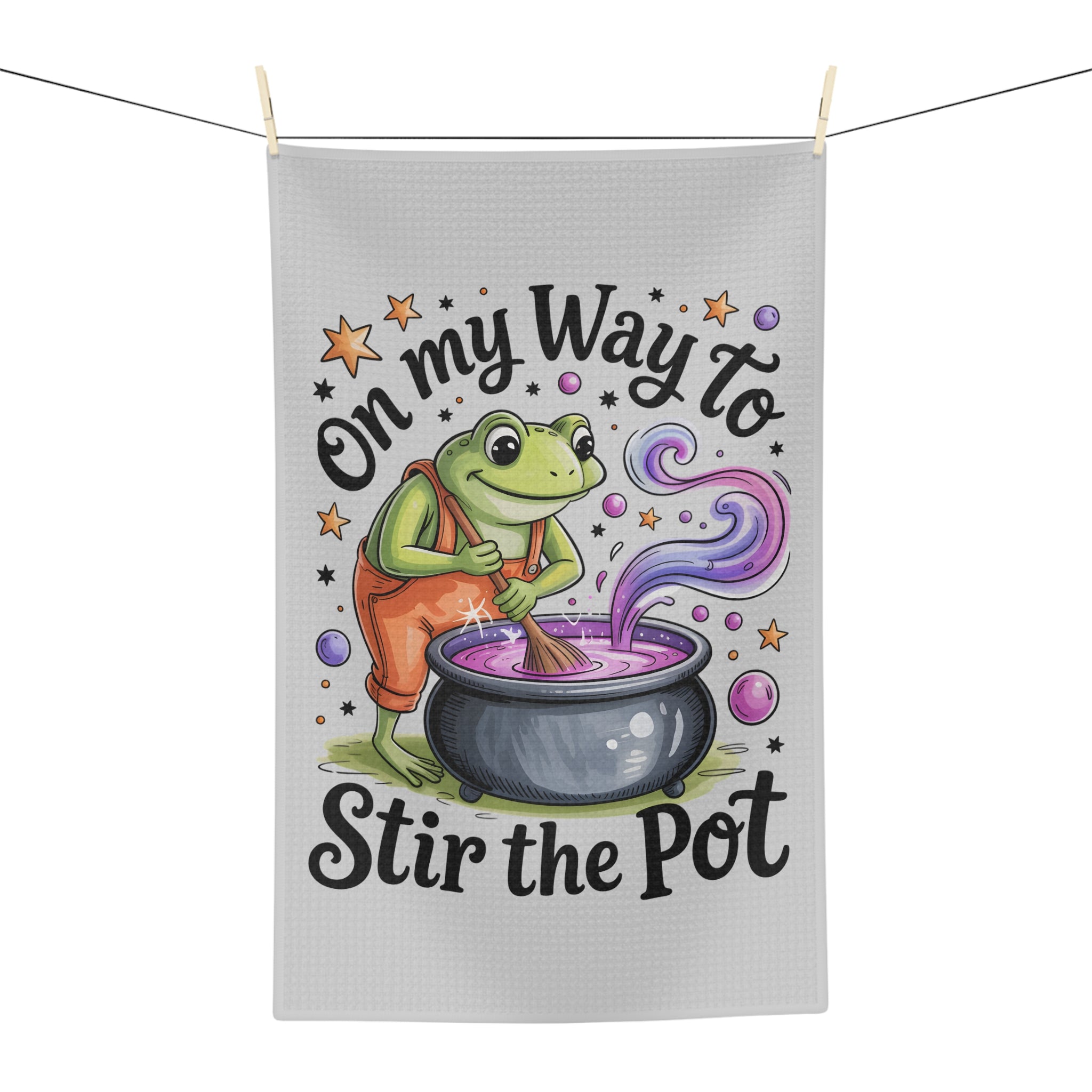 Tea Towel — "On My Way to Stir the Pot" Cute Frog Kitchen Towel