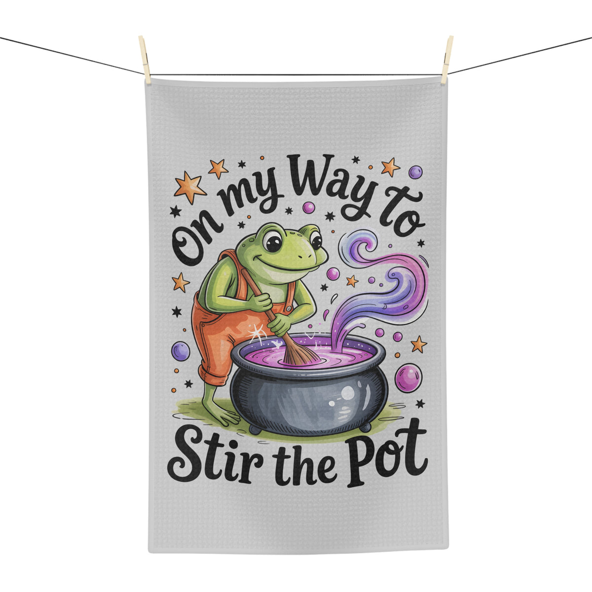 Tea Towel — "On My Way to Stir the Pot" Cute Frog Kitchen Towel