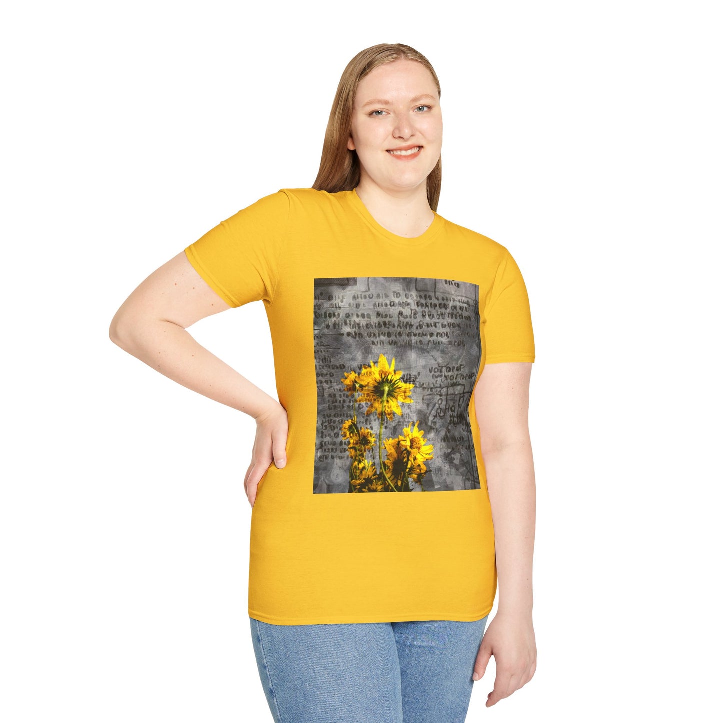 Yellow flowers with ancient symbols - Unisex Softstyle T-Shirt 100% Cotton Graphic