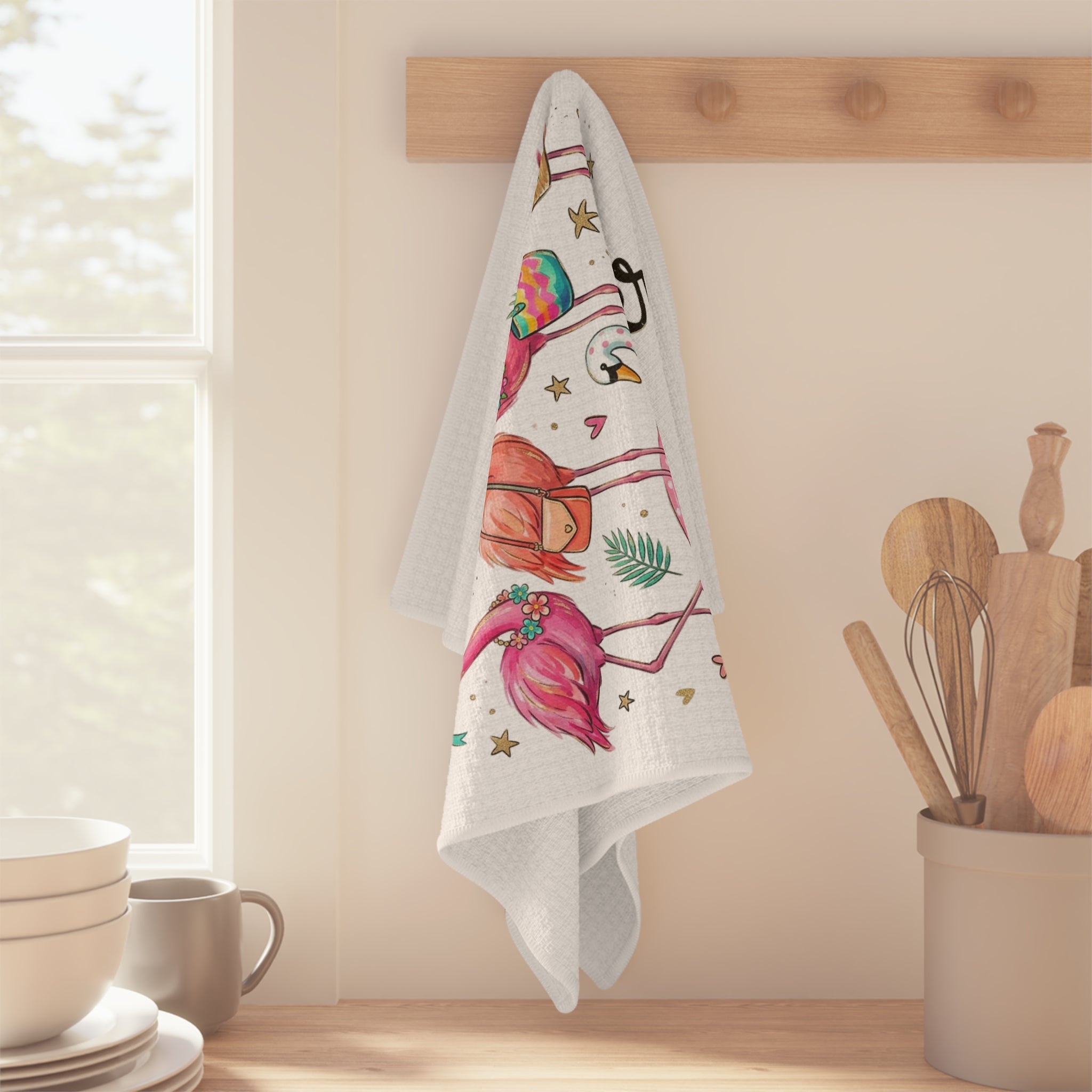 Hello Summer Flamingo Girls Microfiber Tea Towel — Cute Tropical Kitchen Towel