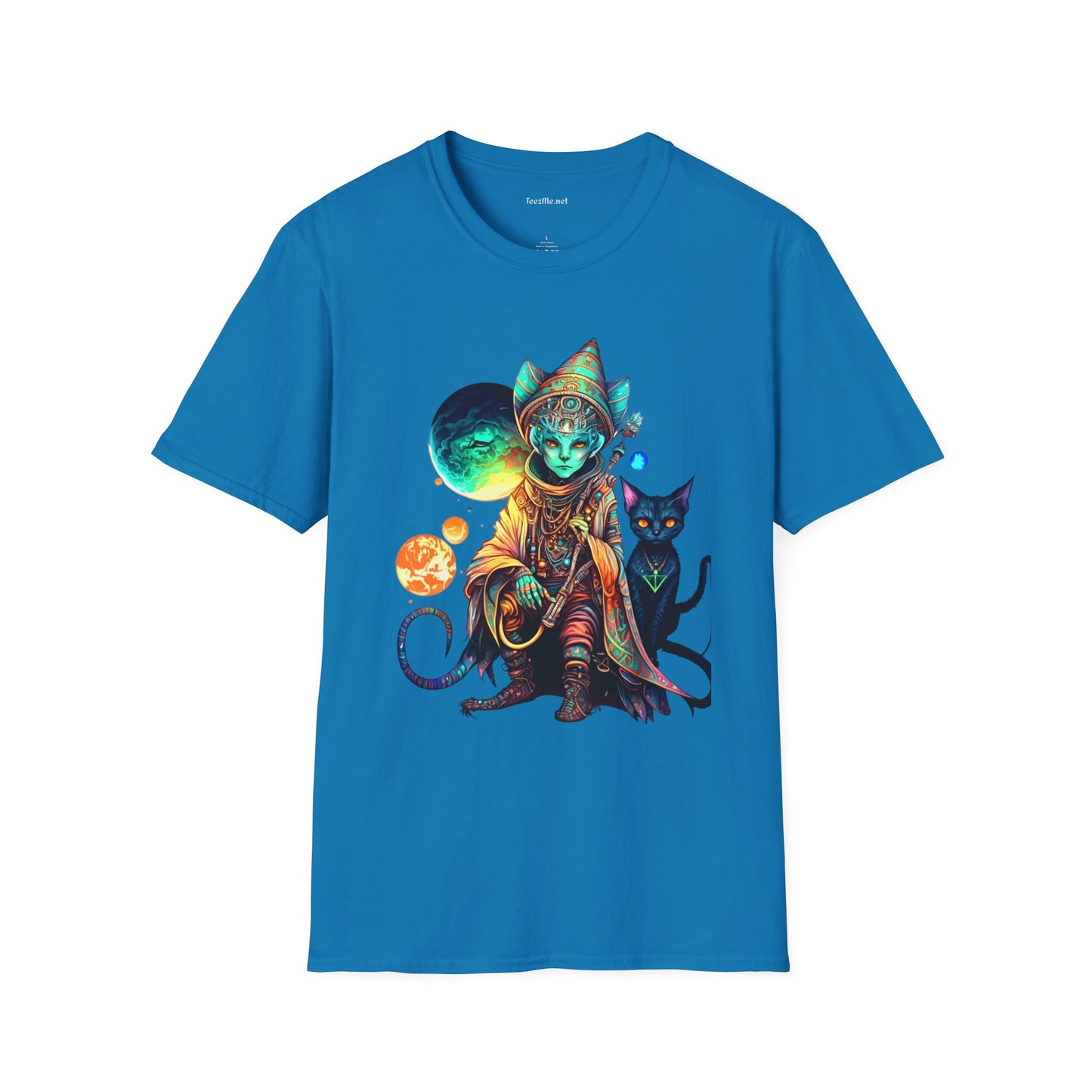 Alien Wizard with Cat Unisex Softstyle T-Shirt 100% Cotton Graphic